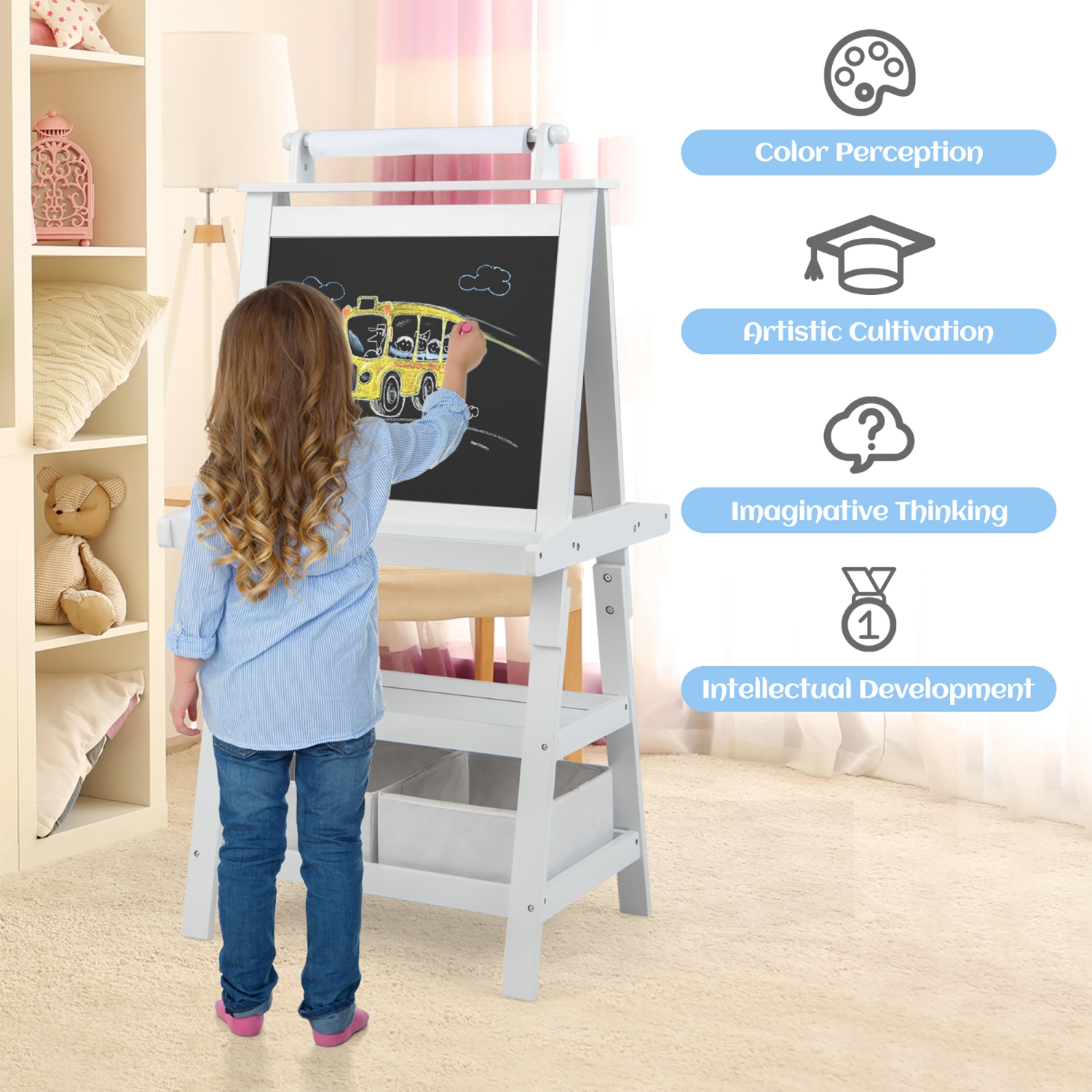 Gymax 3 in 1 Double-Sided Storage Art Easel w/Paint Cups for Kid Writing Teal Frosting White