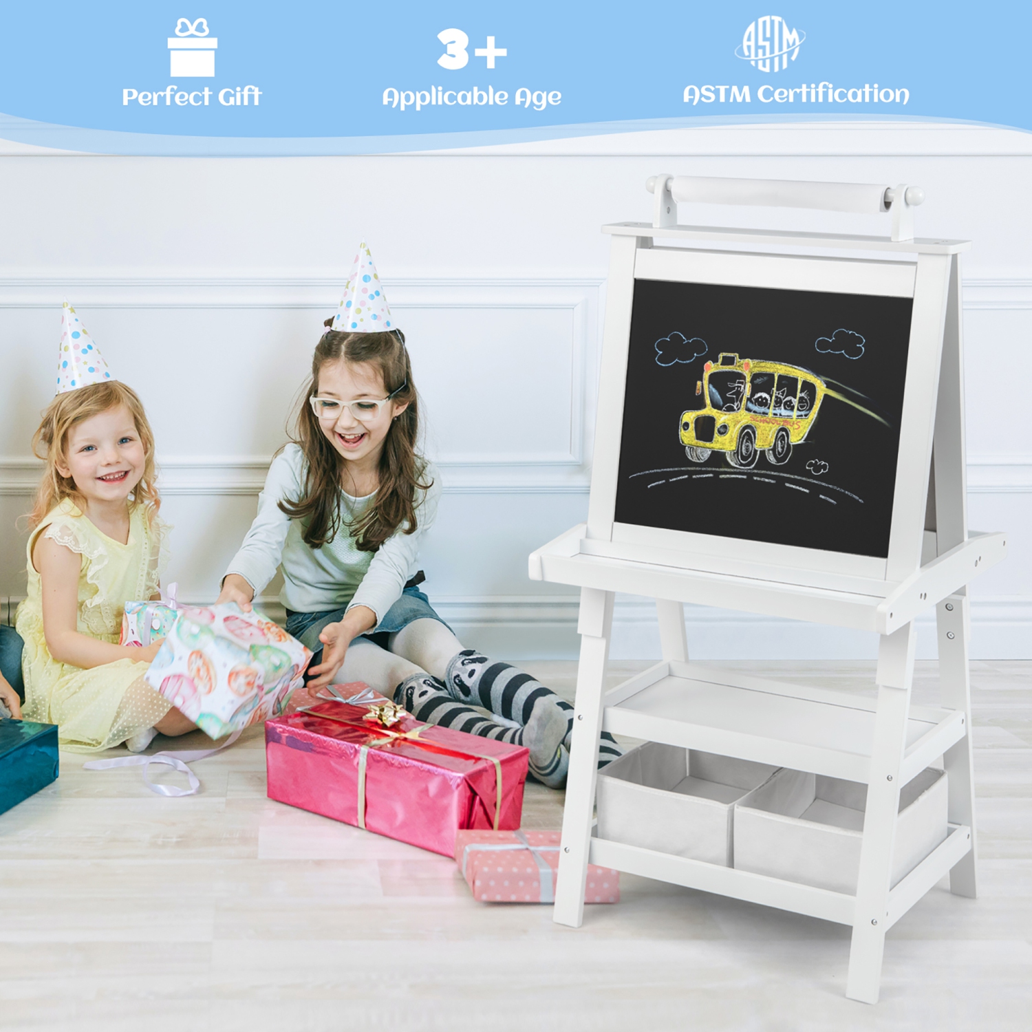 Gymax 3 in 1 Double-Sided Storage Art Easel w/Paint Cups for Kid Writing Teal Frosting White