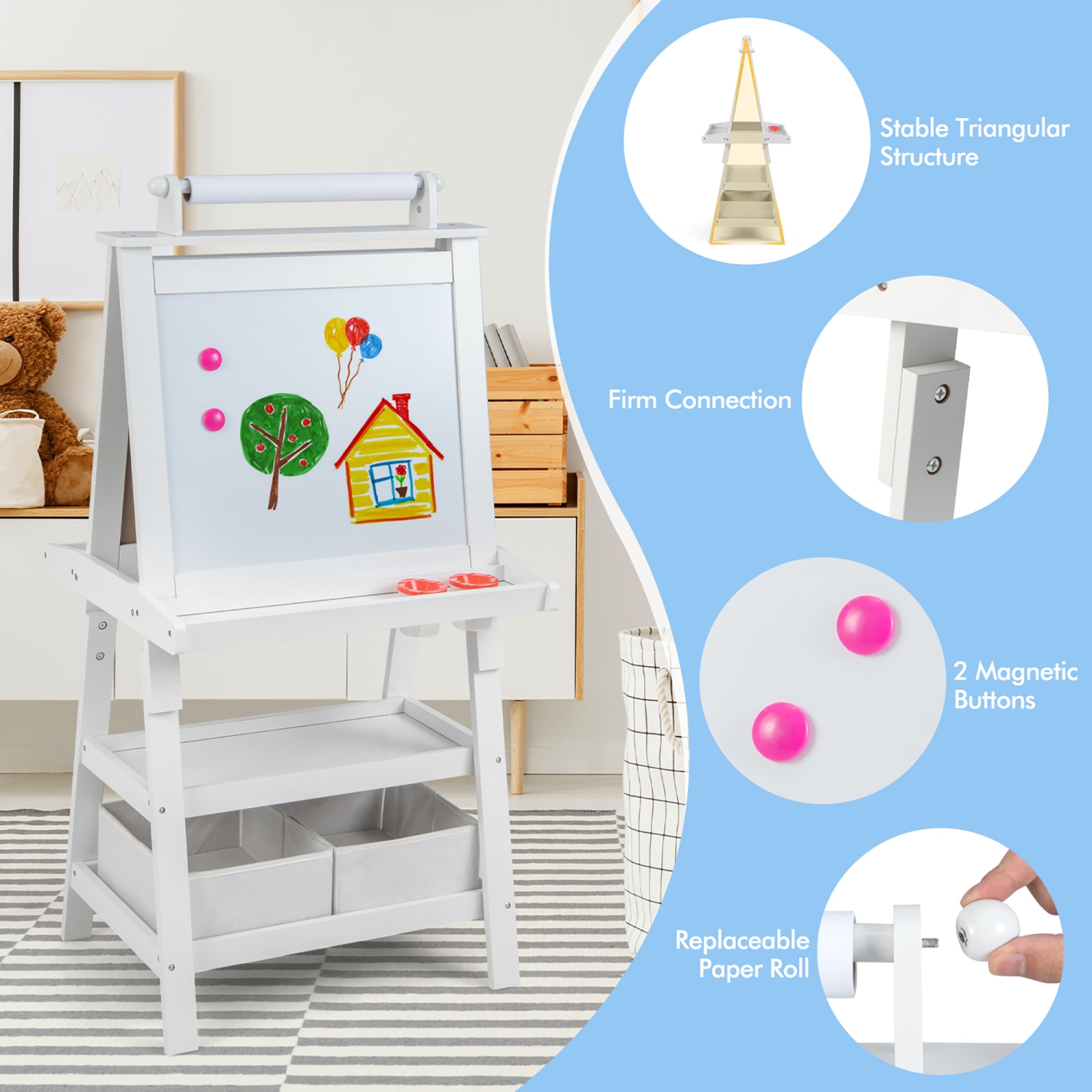 Gymax 3 in 1 Double-Sided Storage Art Easel w/Paint Cups for Kid Writing Teal Frosting White