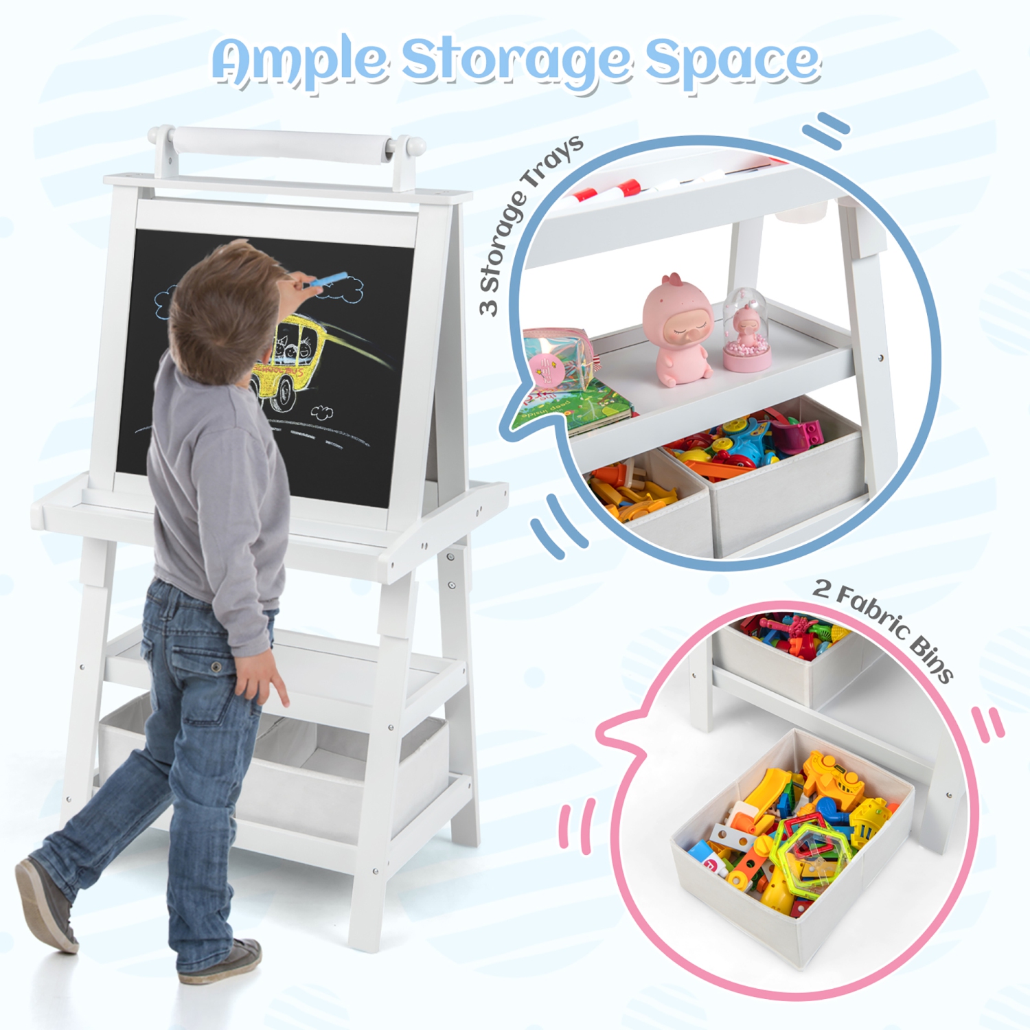 Gymax 3 in 1 Double-Sided Storage Art Easel w/Paint Cups for Kid Writing Teal Frosting White