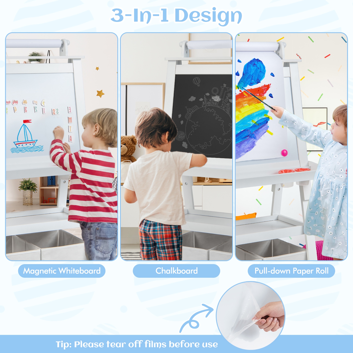 Gymax 3 in 1 Double-Sided Storage Art Easel w/Paint Cups for Kid Writing Teal Frosting White