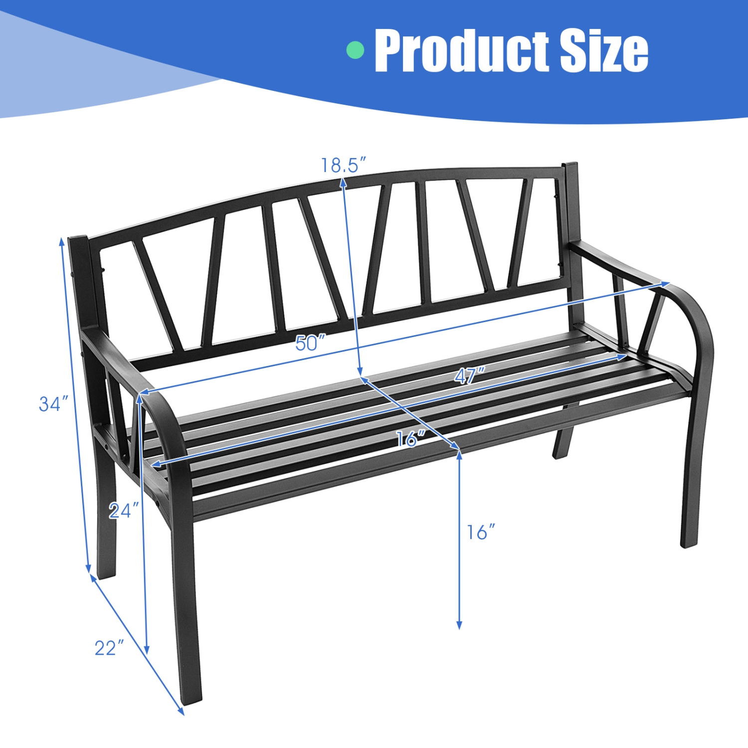 Gymax Garden Bench Metal Frame w/ Ergonomic Armrest Load Patio Black