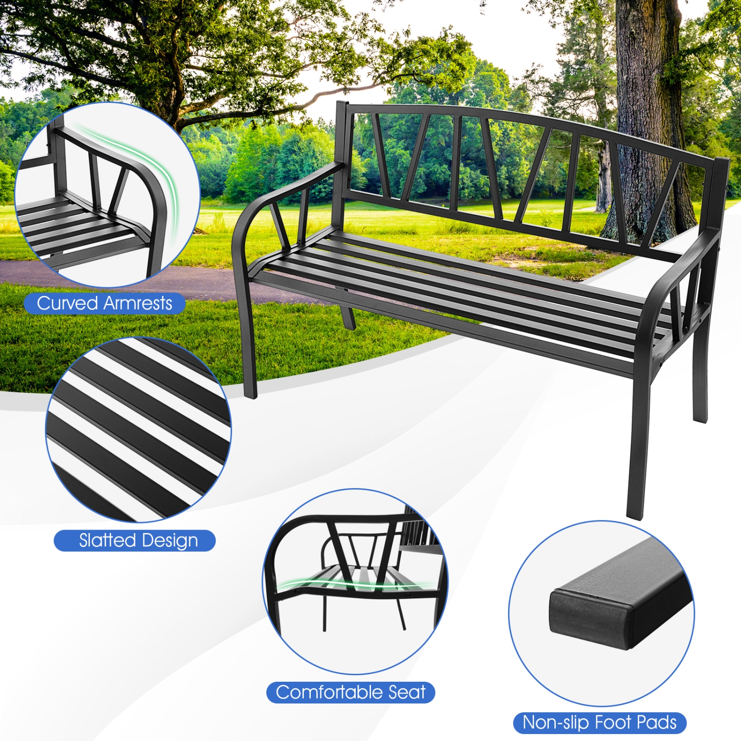 Gymax Garden Bench Metal Frame w/ Ergonomic Armrest Load Patio Black