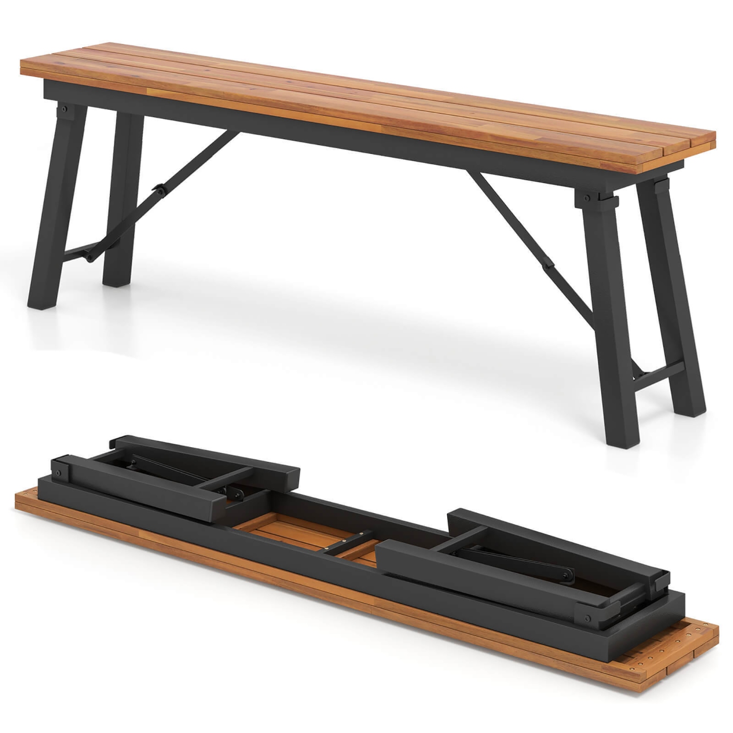 Gymax Folding Picnic Bench Set 55'' Long Rectangular Wooden Dining Camping BBQ Benches