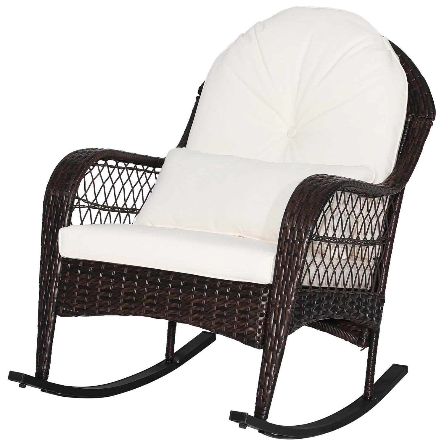 Gymax Patio Wicker Rocking Chair w/ White Seat Cushions & Lumbar Pillow Porch