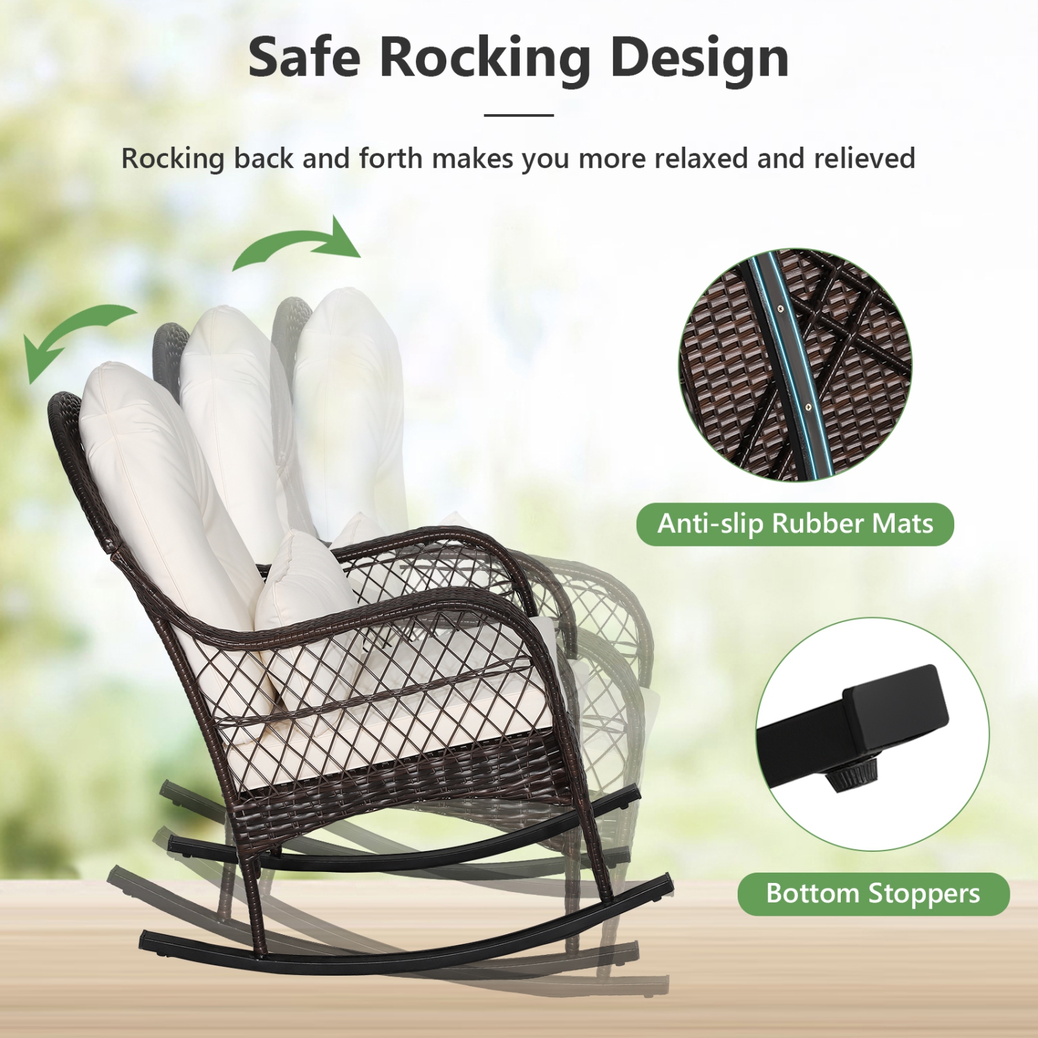 Gymax Patio Wicker Rocking Chair w/ White Seat Cushions & Lumbar Pillow Porch