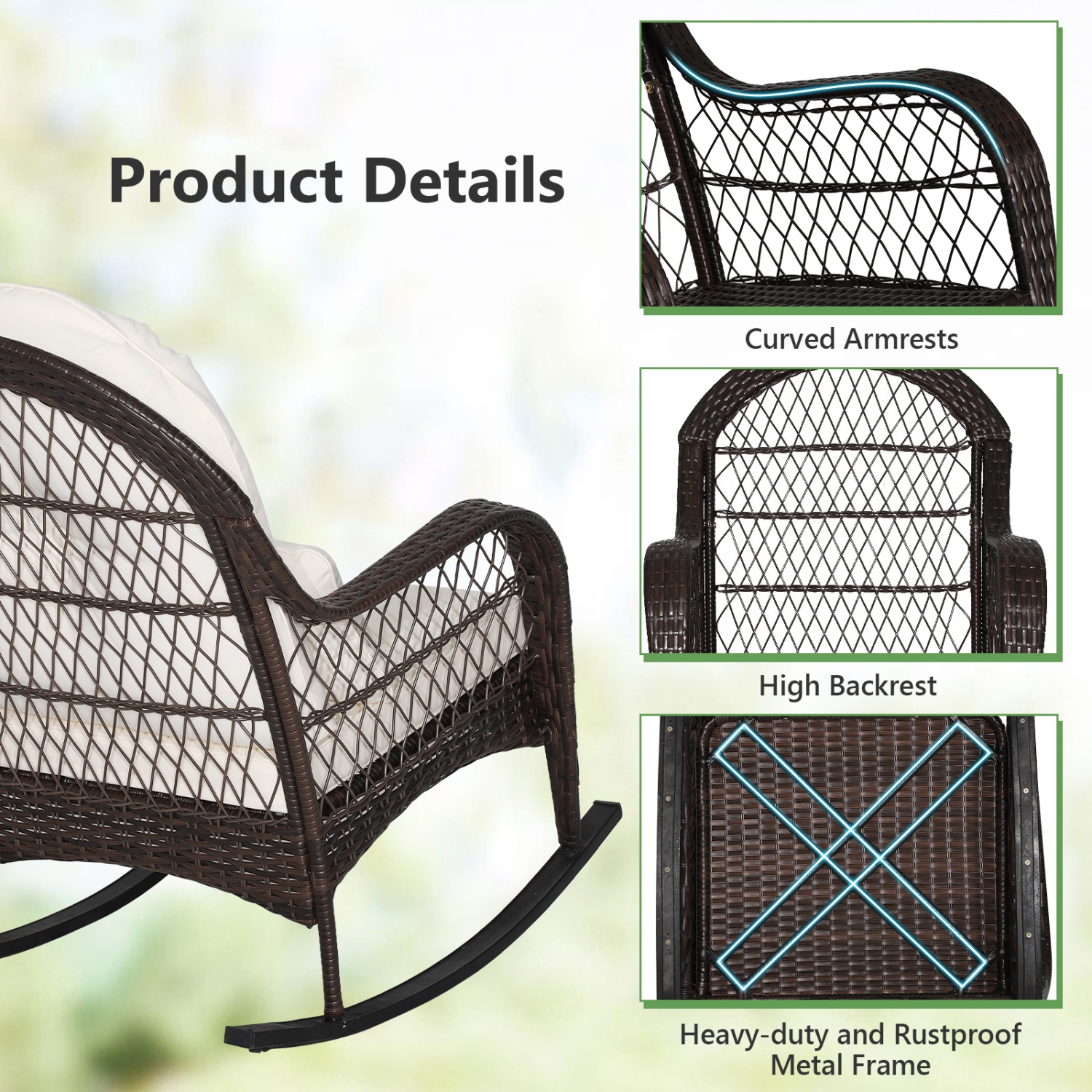 Gymax Patio Wicker Rocking Chair w/ White Seat Cushions & Lumbar Pillow Porch