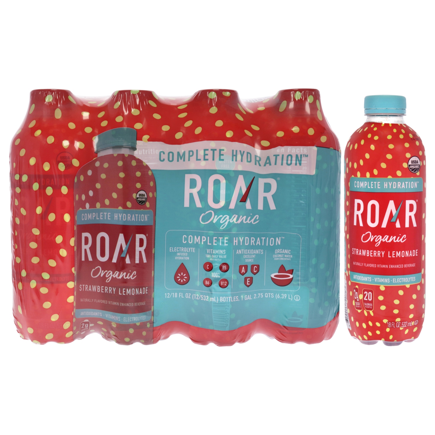 ROAR Complete Hydration Organic - Electrolyte Drinks Loaded with Vitamins C, B5, B12 - Non-GMO, Gluten-Free - Strawberry Lemonade - 12 pc
