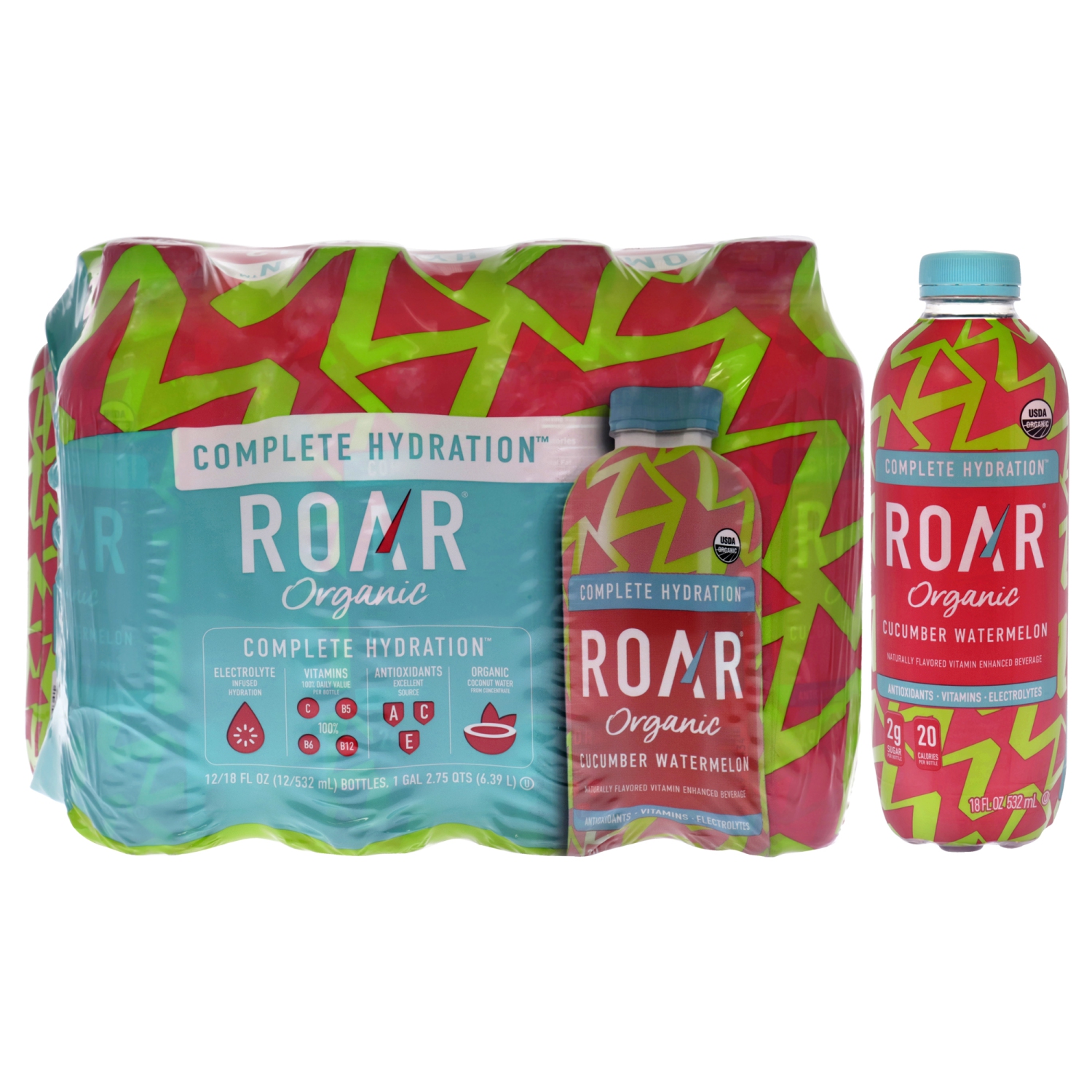 ROAR Complete Hydration Organic - Electrolyte Drinks Loaded with Vitamins C, B5, B12 - Non-GMO, Gluten-Free - Cucumber Watermelon - 12 pc