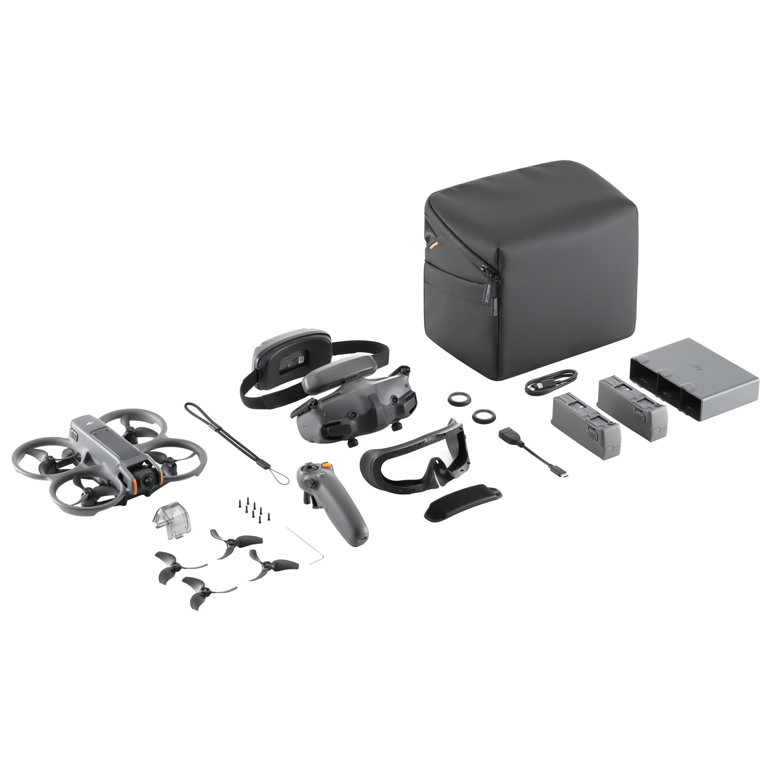 Ensemble Fly More avec drone quadricoptère Avata 2 de DJI, 2 batteries supplémentaires, casque Goggles, contrôleur et sac à bandoulière