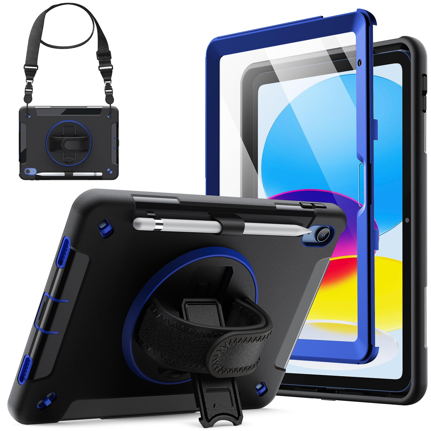 iPad 10 avec protecteur d'écran intégré, étui protecteur antichoc robuste pour tablette, dragonne rotative à 360 degrés (bleu marine)