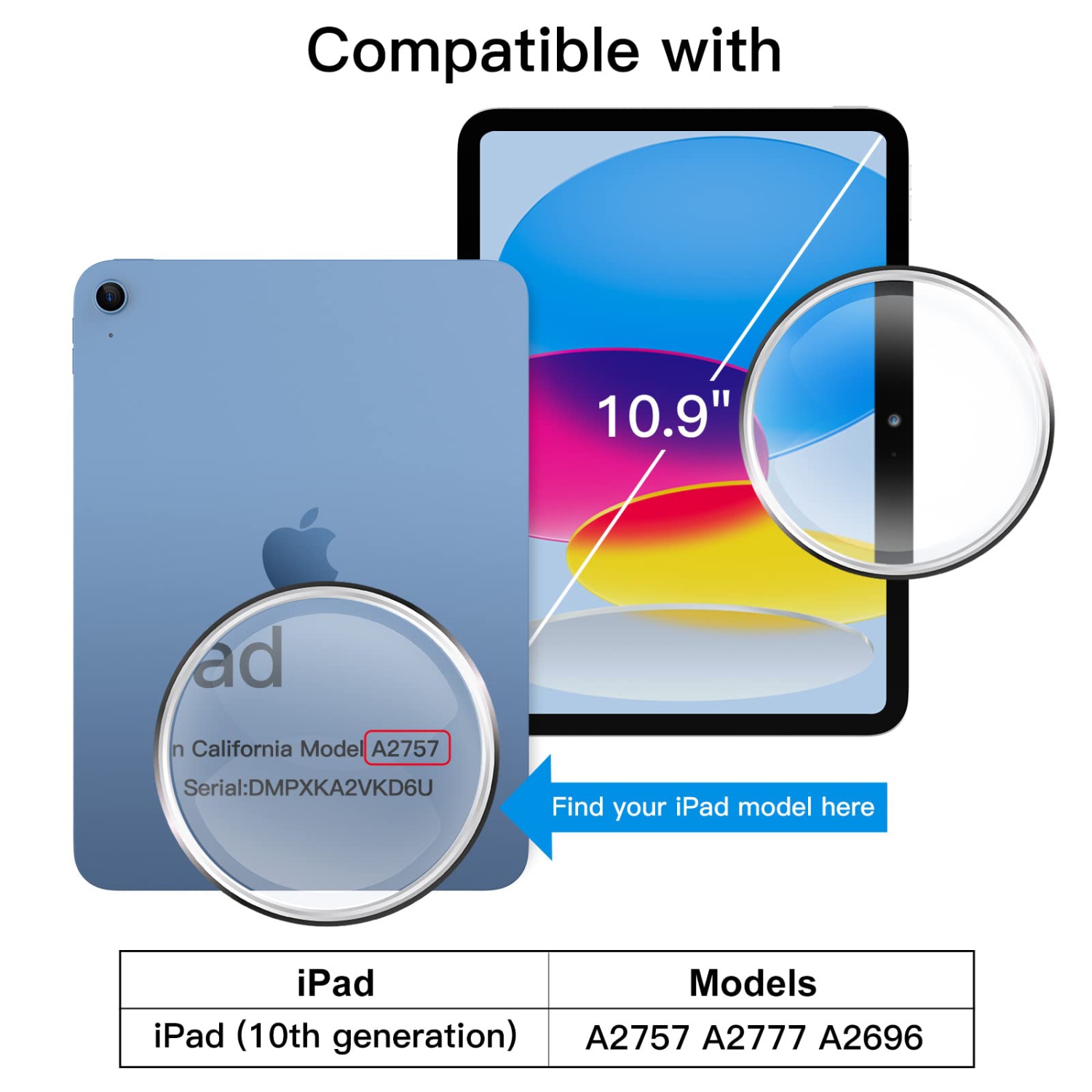 iPad 10 avec protecteur d'écran intégré, étui protecteur antichoc robuste pour tablette, dragonne rotative à 360 degrés (bleu marine)
