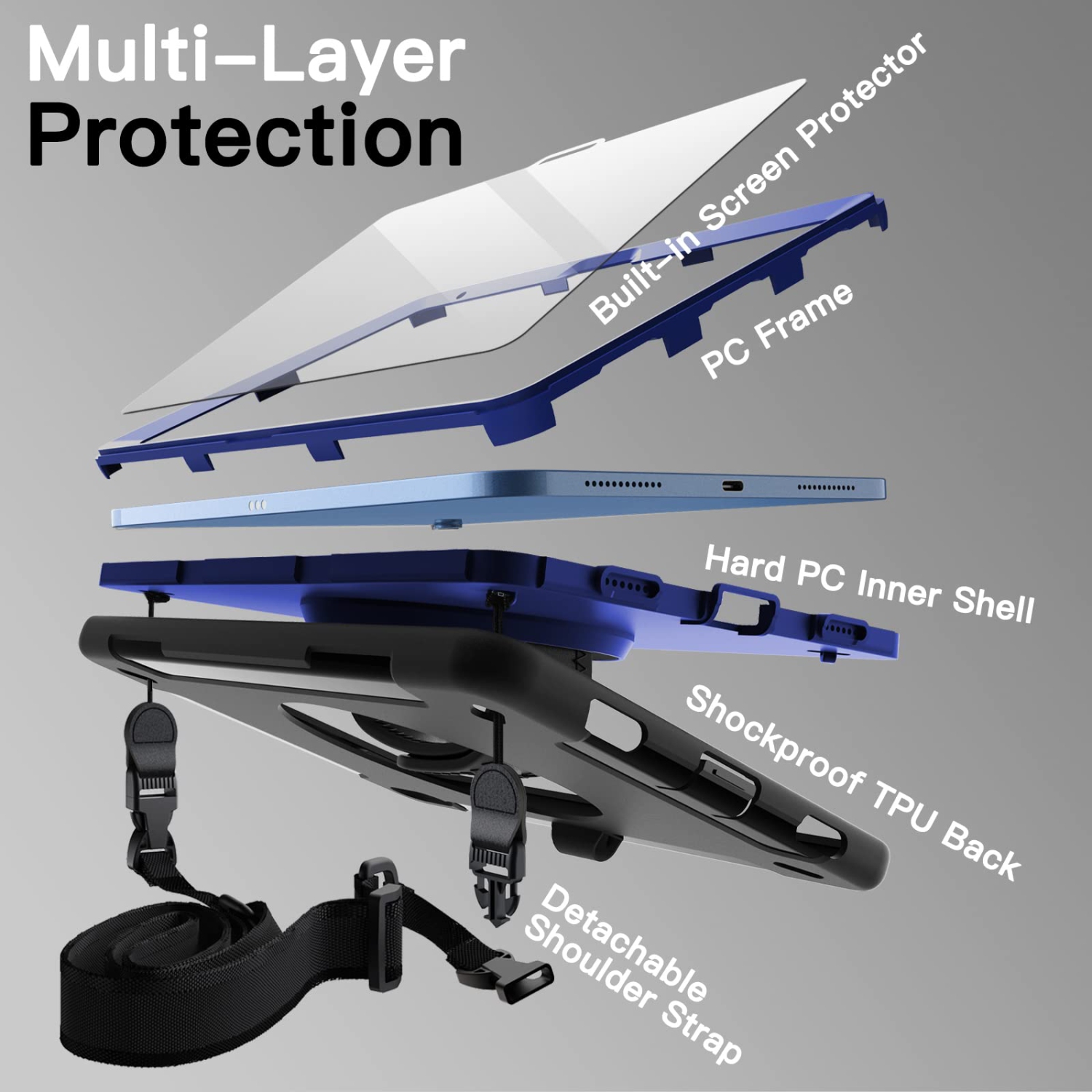 iPad 10 avec protecteur d'écran intégré, étui protecteur antichoc robuste pour tablette, dragonne rotative à 360 degrés (bleu marine)