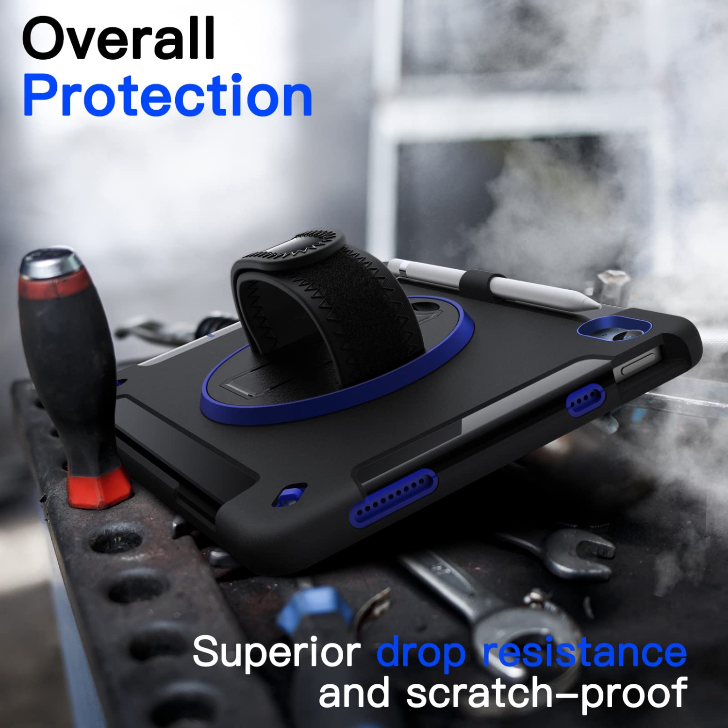 iPad 10 avec protecteur d'écran intégré, étui protecteur antichoc robuste pour tablette, dragonne rotative à 360 degrés (bleu marine)