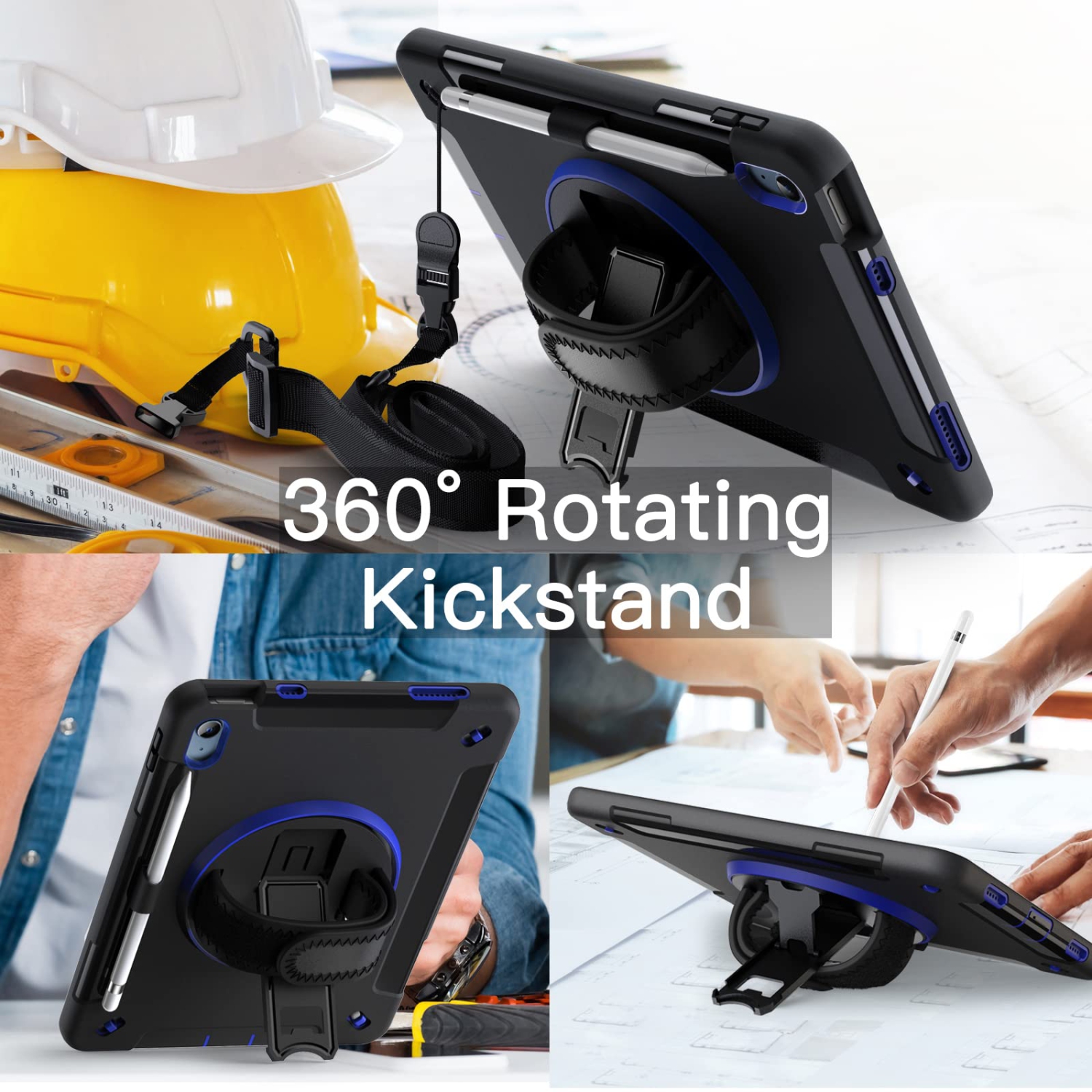 iPad 10 avec protecteur d'écran intégré, étui protecteur antichoc robuste pour tablette, dragonne rotative à 360 degrés (bleu marine)