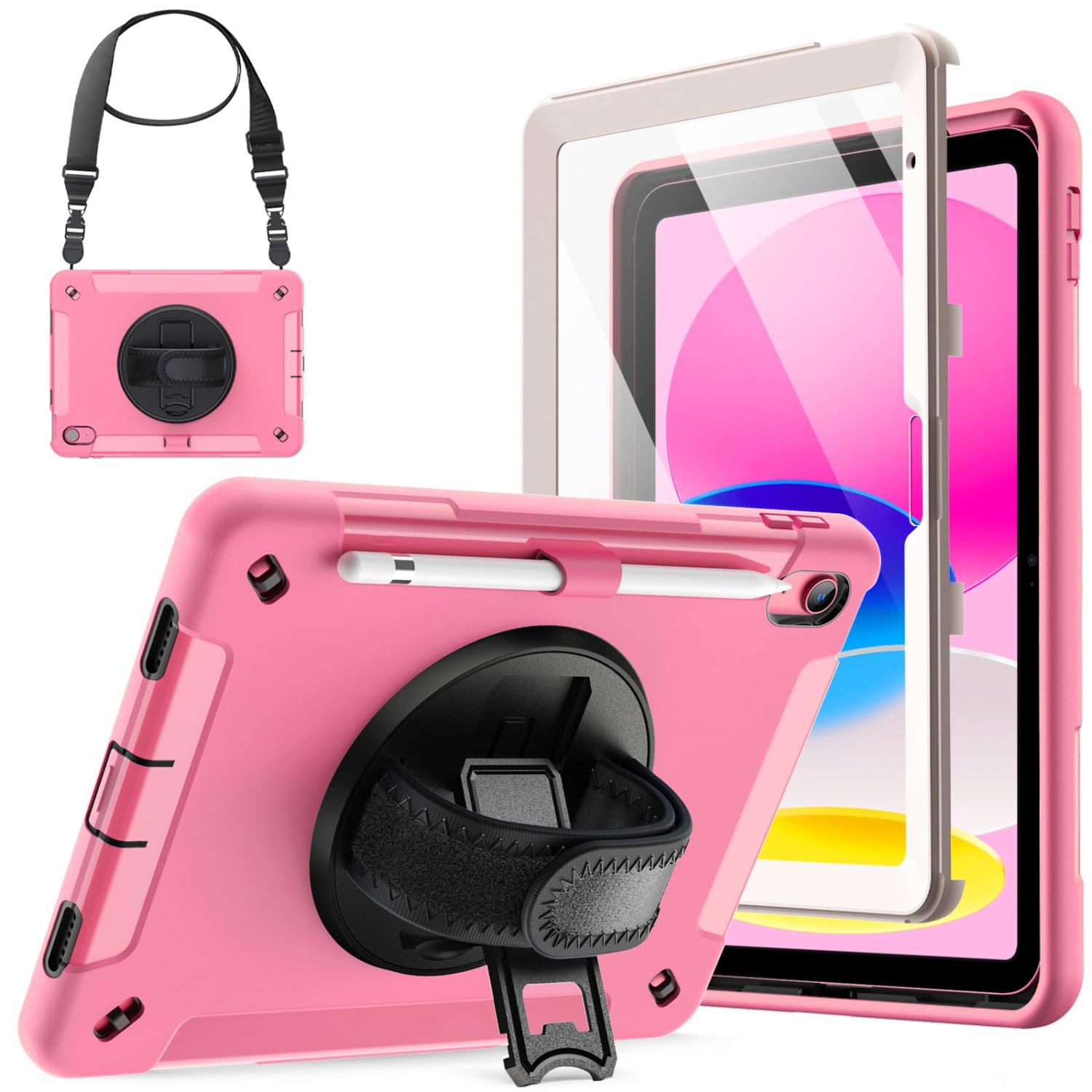 IPad 10 with Built-in Screen Protector, Protective Shockproof Rugged Tablet Cover, 360 Degree Rotating Hand Strap Stand (Pink)