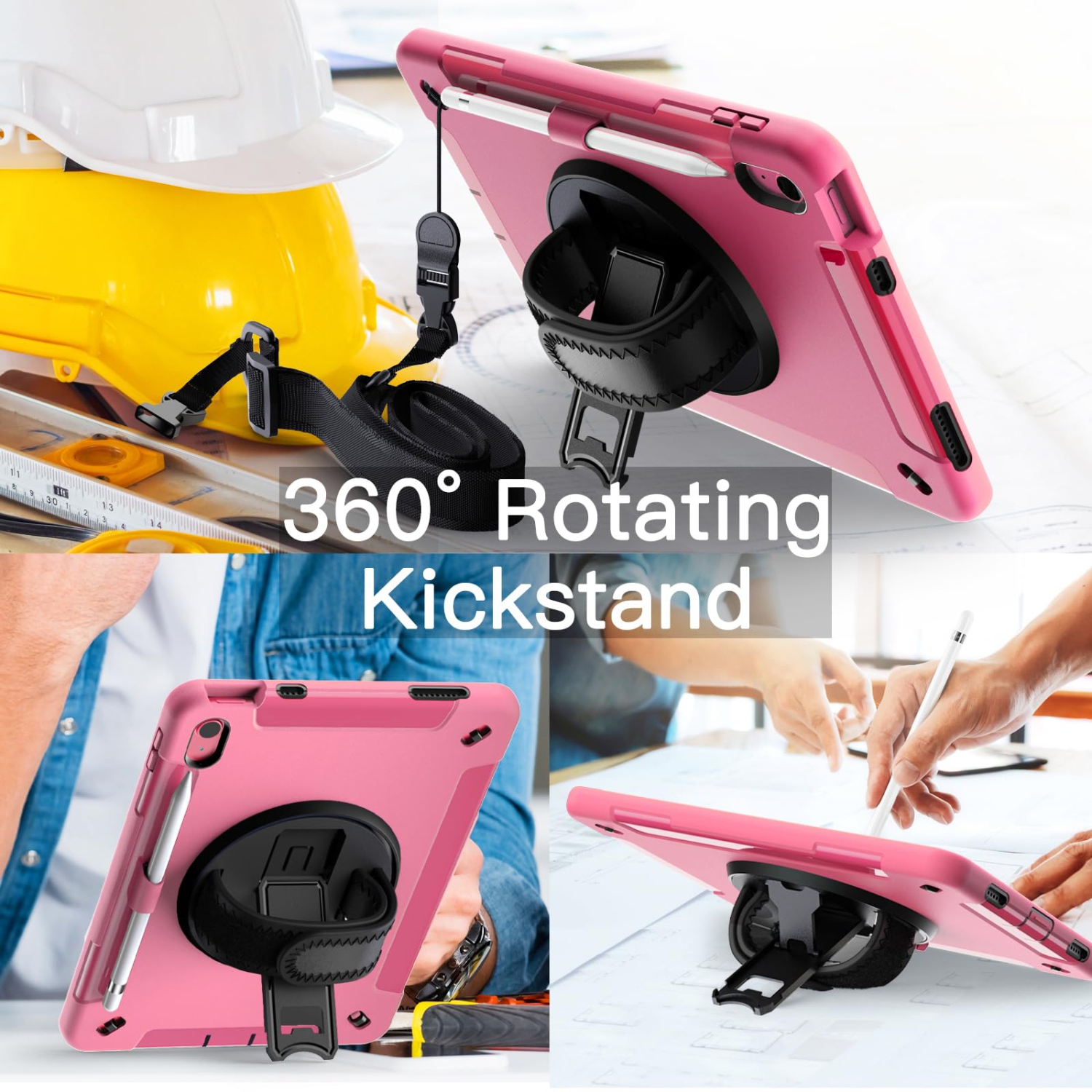 IPad 10 with Built-in Screen Protector, Protective Shockproof Rugged Tablet Cover, 360 Degree Rotating Hand Strap Stand (Pink)