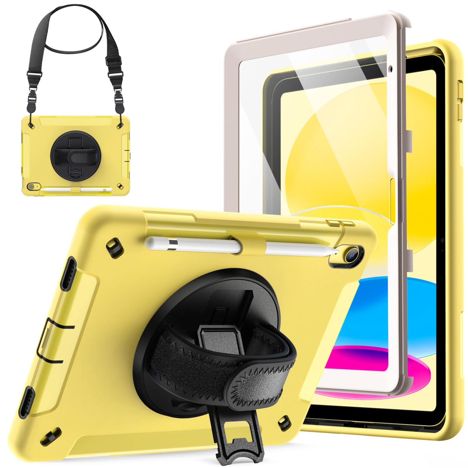 IPad 10 with Built-in Screen Protector, Protective Shockproof Rugged Tablet Cover, 360 Degree Rotating Hand Strap Stand (Yellow)