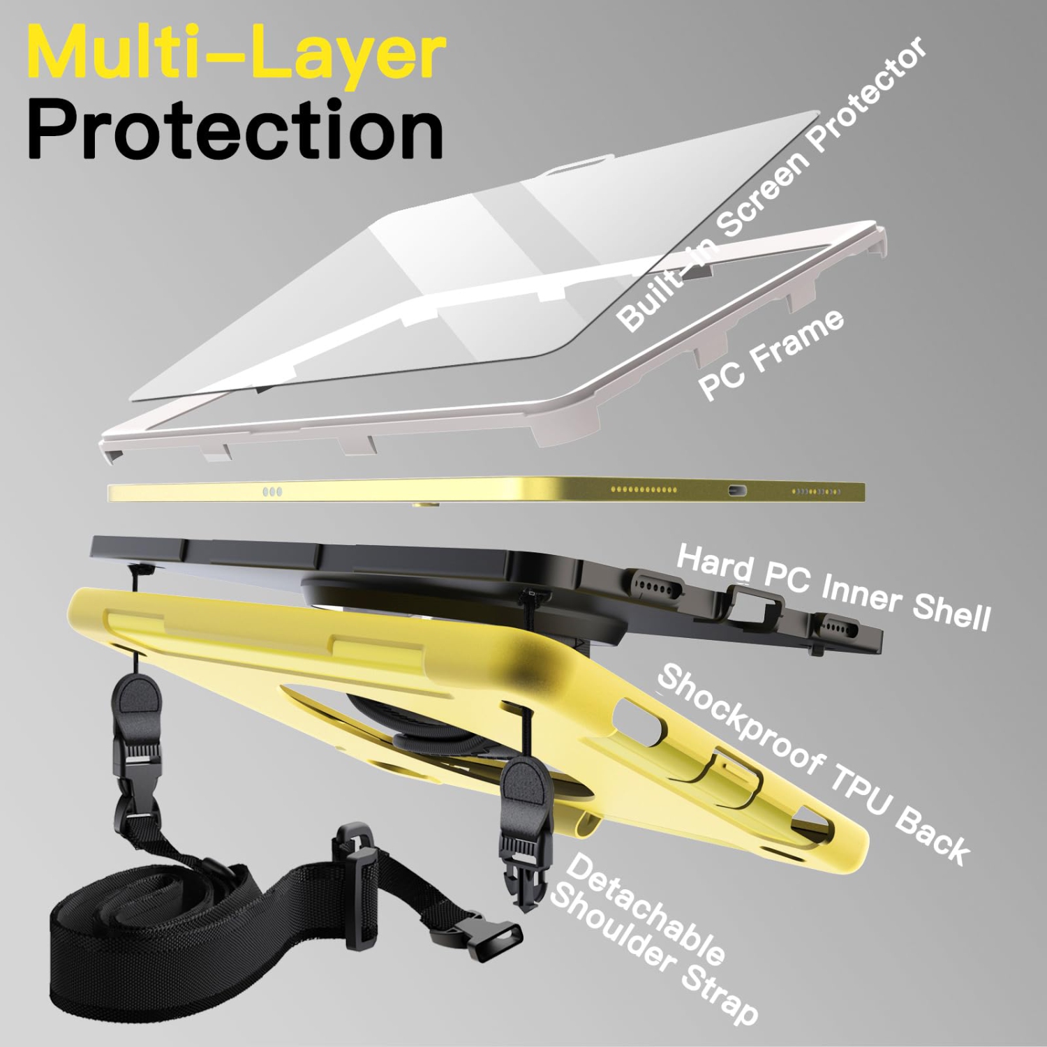 IPad 10 with Built-in Screen Protector, Protective Shockproof Rugged Tablet Cover, 360 Degree Rotating Hand Strap Stand (Yellow)