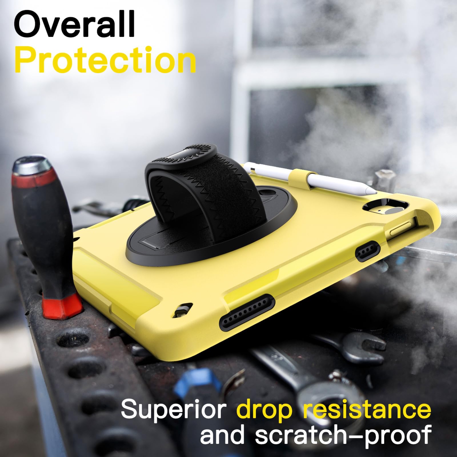 IPad 10 with Built-in Screen Protector, Protective Shockproof Rugged Tablet Cover, 360 Degree Rotating Hand Strap Stand (Yellow)