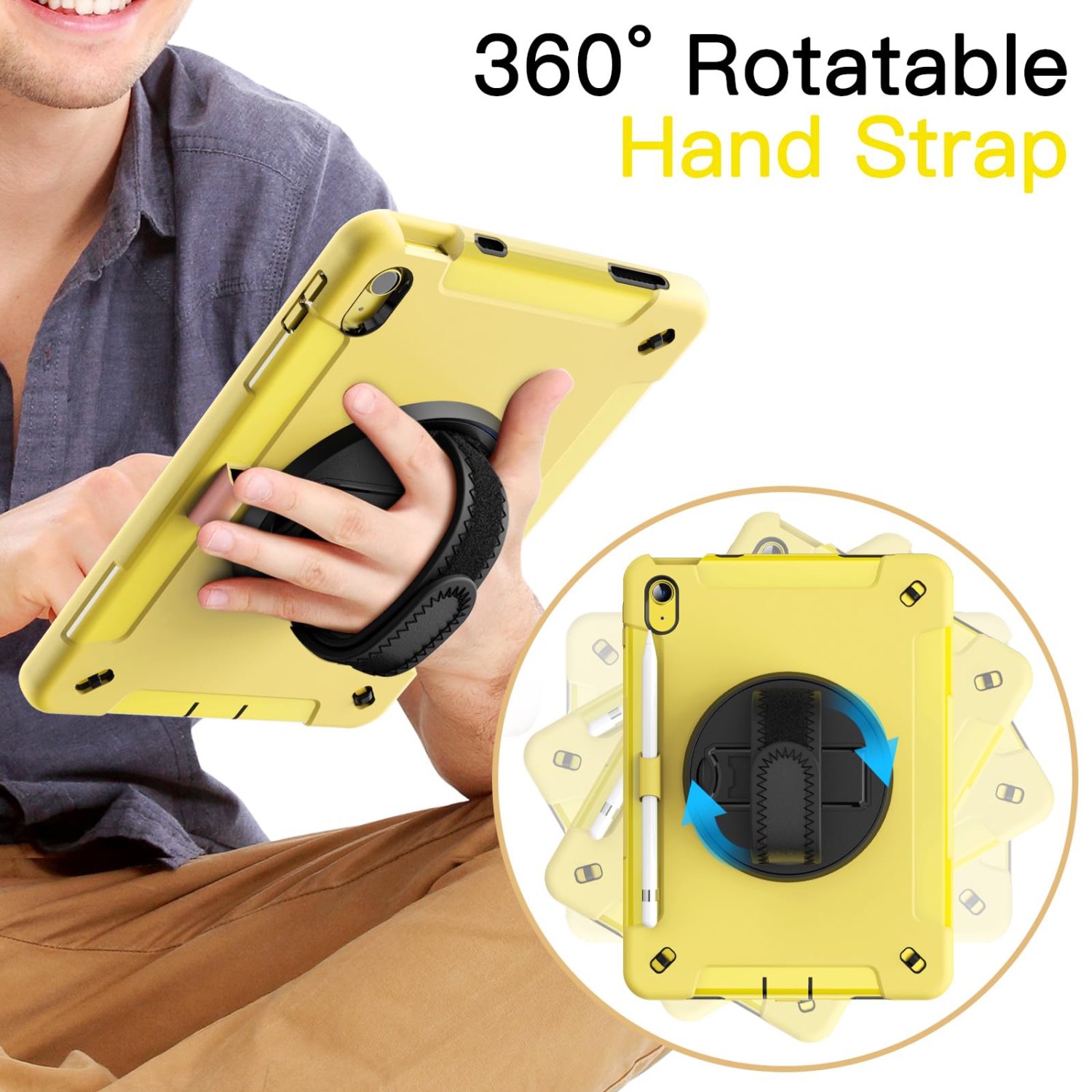 IPad 10 with Built-in Screen Protector, Protective Shockproof Rugged Tablet Cover, 360 Degree Rotating Hand Strap Stand (Yellow)