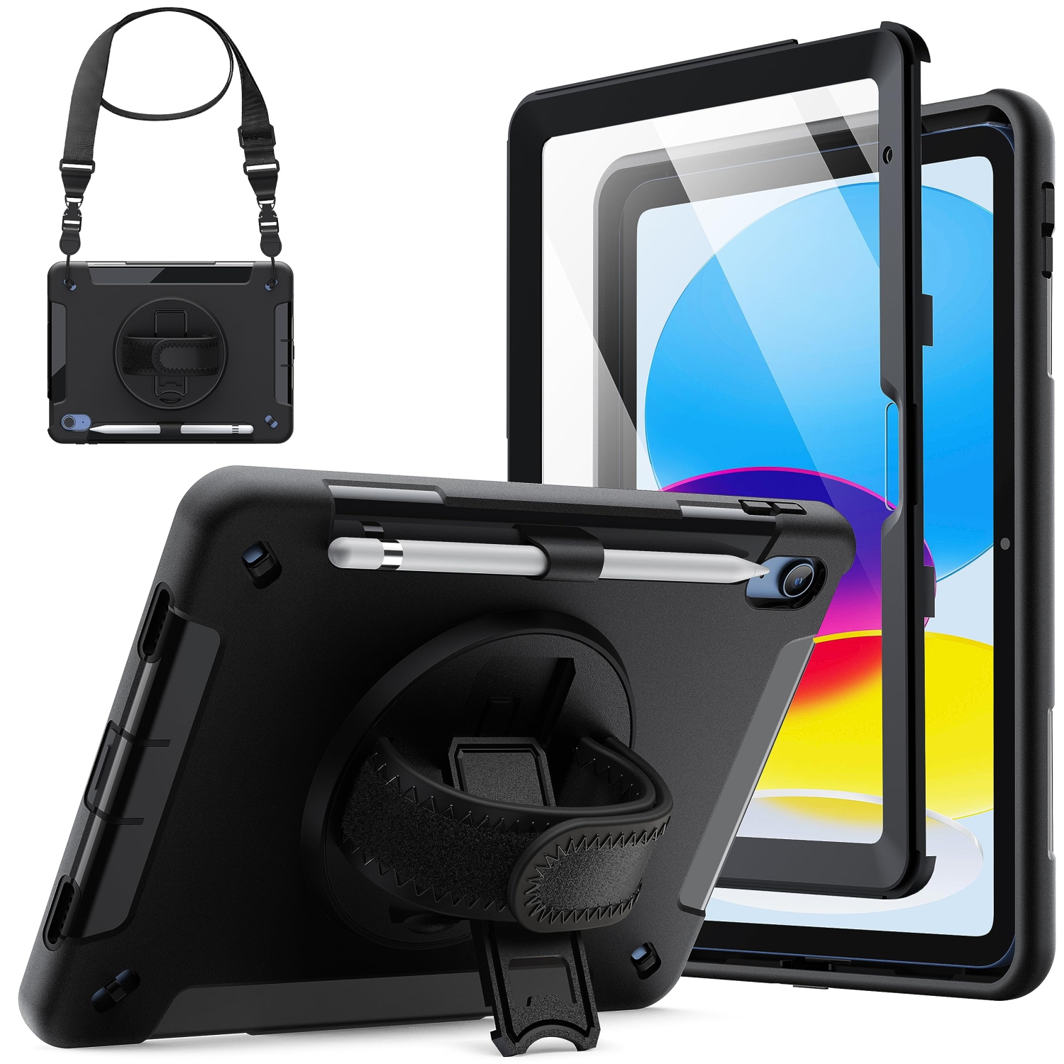 iPad 10 avec protecteur d'écran intégré, étui protecteur antichoc robuste pour tablette, dragonne rotative sur 360 degrés (noir)