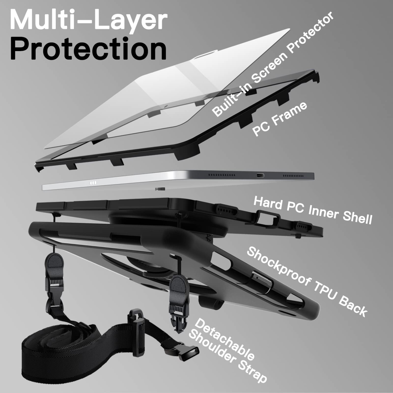 iPad 10 avec protecteur d'écran intégré, étui protecteur antichoc robuste pour tablette, dragonne rotative sur 360 degrés (noir)