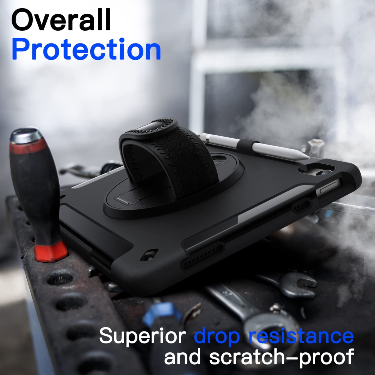 iPad 10 avec protecteur d'écran intégré, étui protecteur antichoc robuste pour tablette, dragonne rotative sur 360 degrés (noir)