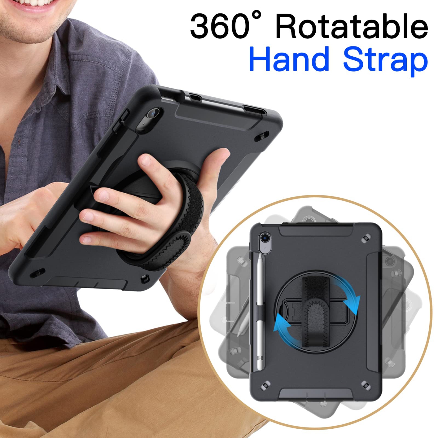 iPad 10 avec protecteur d'écran intégré, étui protecteur antichoc robuste pour tablette, dragonne rotative sur 360 degrés (noir)