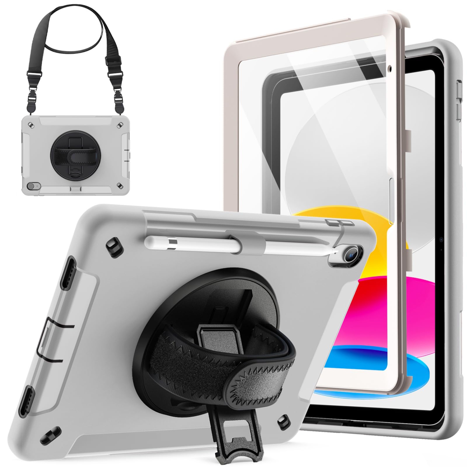 iPad 10 avec protecteur d'écran intégré, étui protecteur antichoc robuste pour tablette, dragonne rotative à 360 degrés (gris pâle)