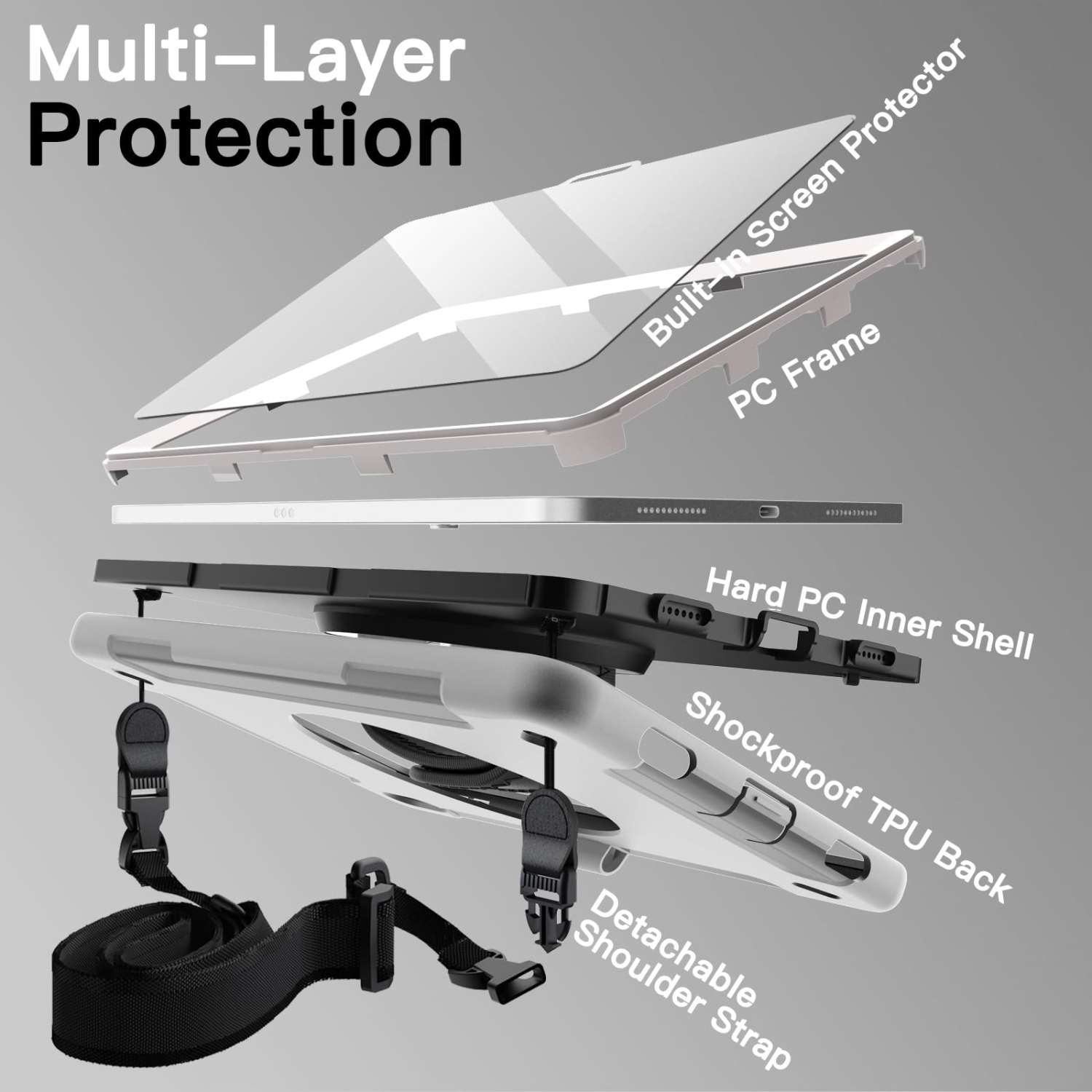 iPad 10 avec protecteur d'écran intégré, étui protecteur antichoc robuste pour tablette, dragonne rotative à 360 degrés (gris pâle)