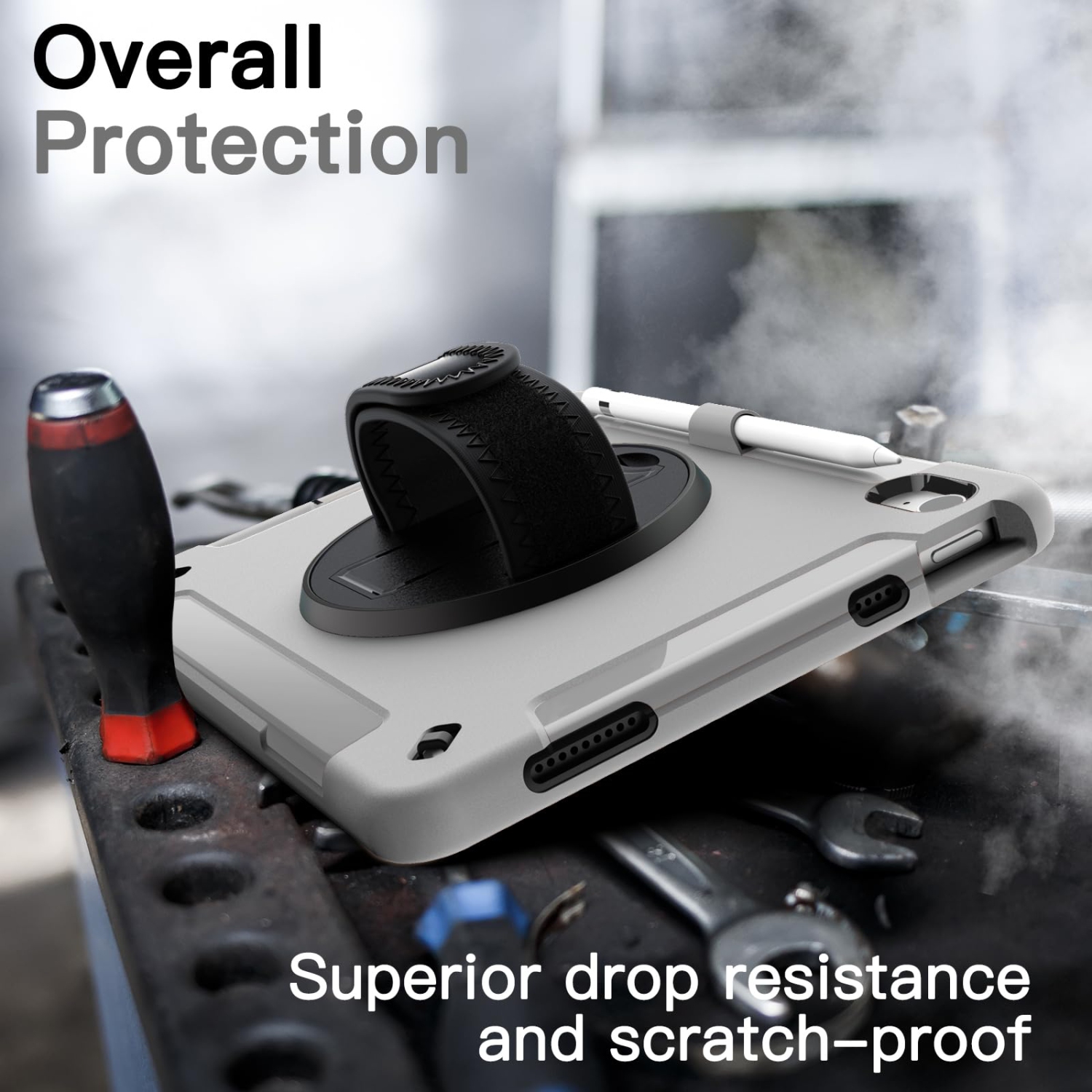 iPad 10 avec protecteur d'écran intégré, étui protecteur antichoc robuste pour tablette, dragonne rotative à 360 degrés (gris pâle)