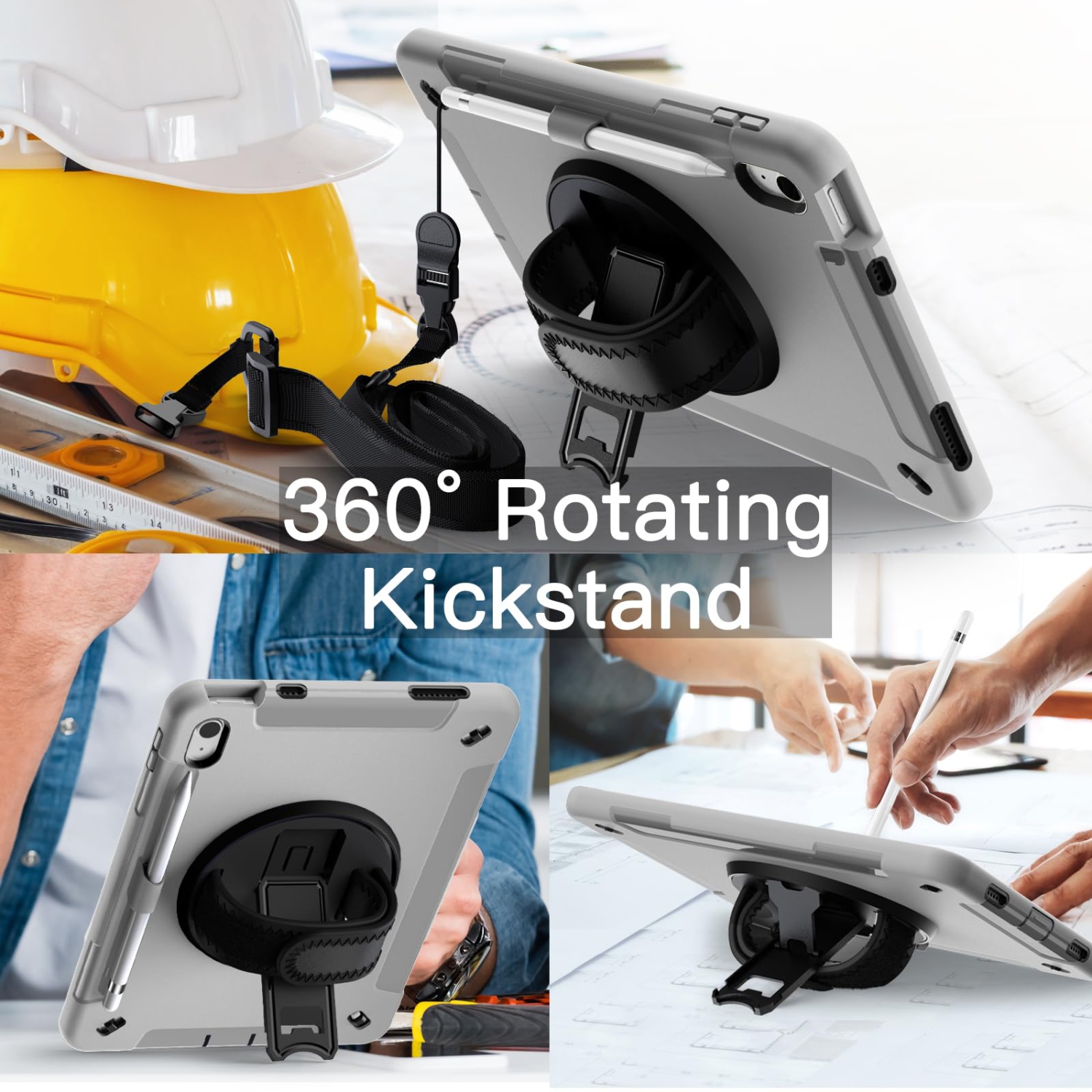 iPad 10 avec protecteur d'écran intégré, étui protecteur antichoc robuste pour tablette, dragonne rotative à 360 degrés (gris pâle)