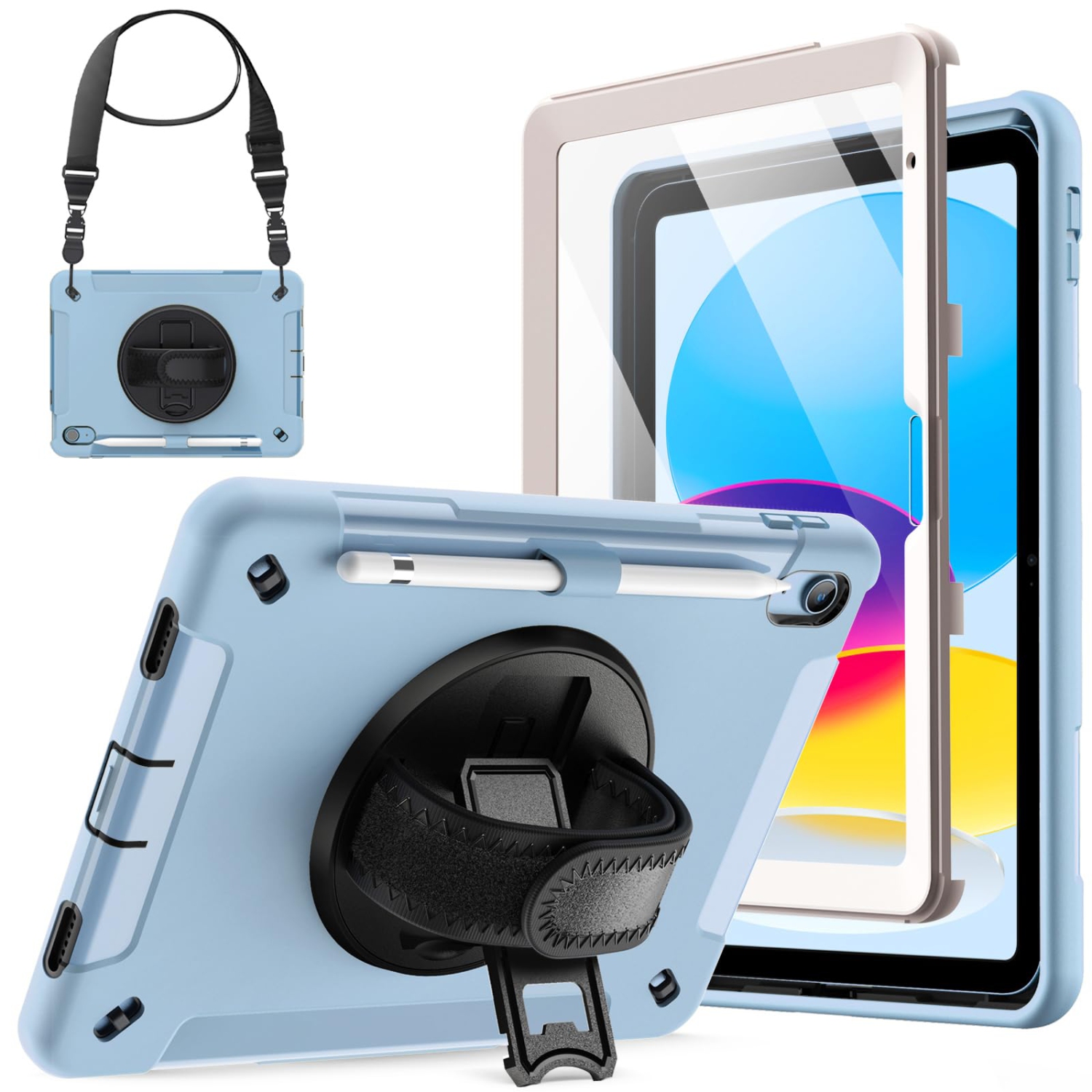 iPad 10 avec protecteur d'écran intégré, étui protecteur antichoc robuste pour tablette, dragonne rotative à 360 degrés (bleu)