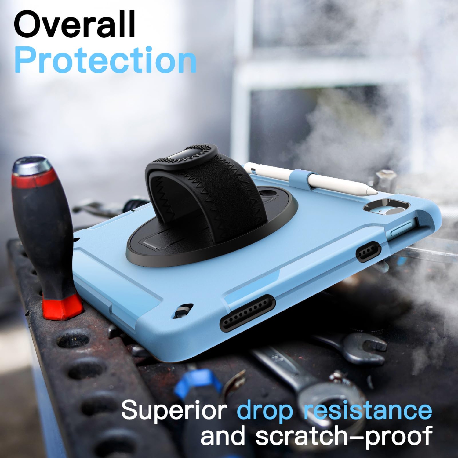 iPad 10 avec protecteur d'écran intégré, étui protecteur antichoc robuste pour tablette, dragonne rotative à 360 degrés (bleu)