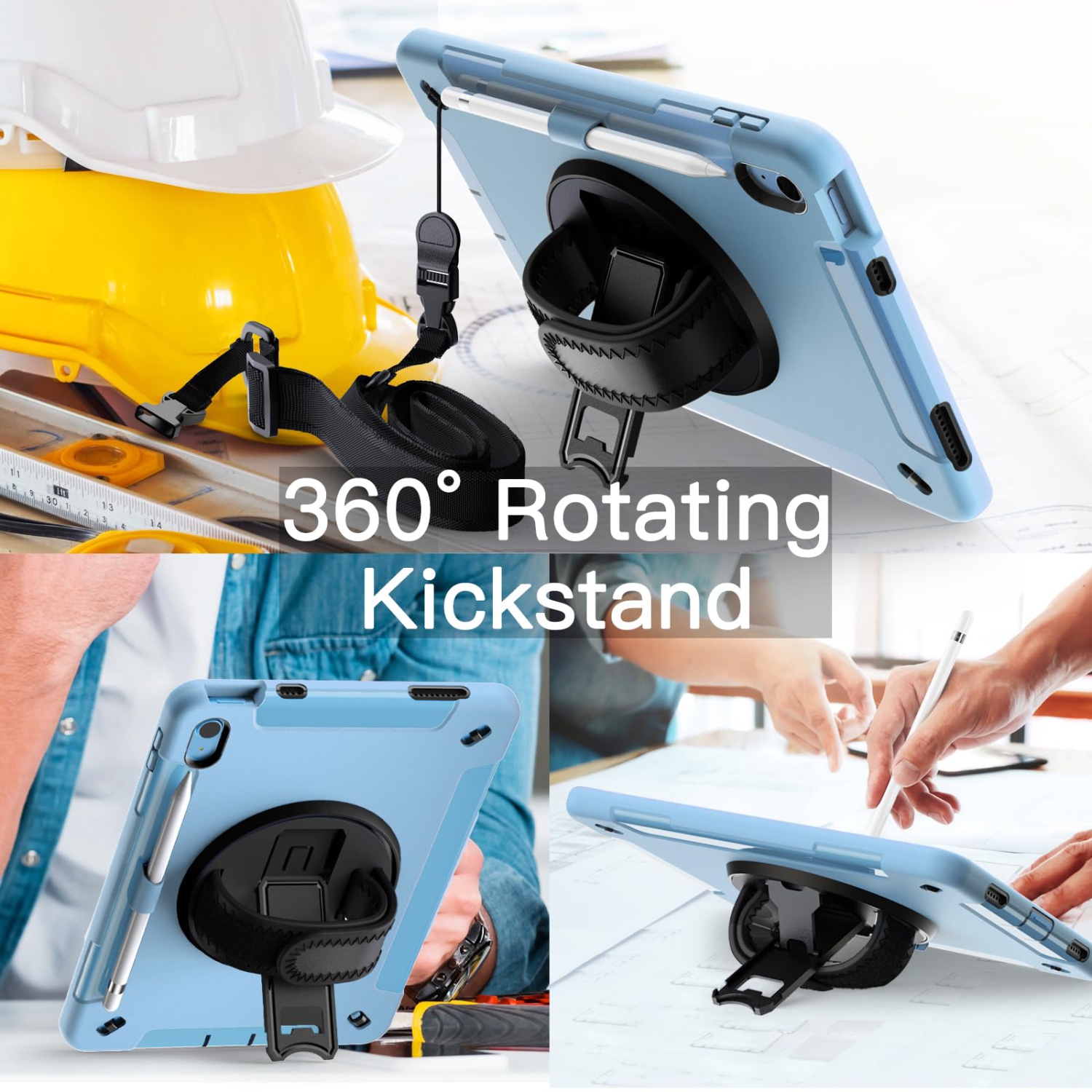 iPad 10 avec protecteur d'écran intégré, étui protecteur antichoc robuste pour tablette, dragonne rotative à 360 degrés (bleu)