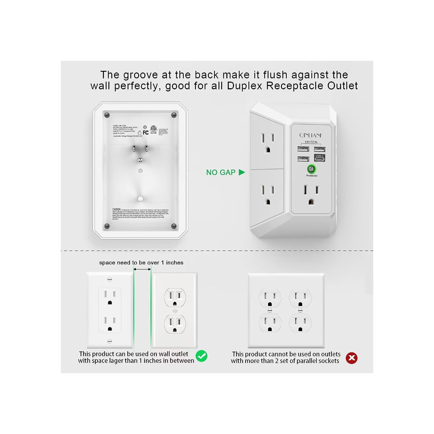 USB Wall Charger, Surge Protector, 5 Outlet Extender with 4 USB Charging Ports 3-Sided 1680J Power Strip Multi Plug Outlets Wall Adapter Spaced for