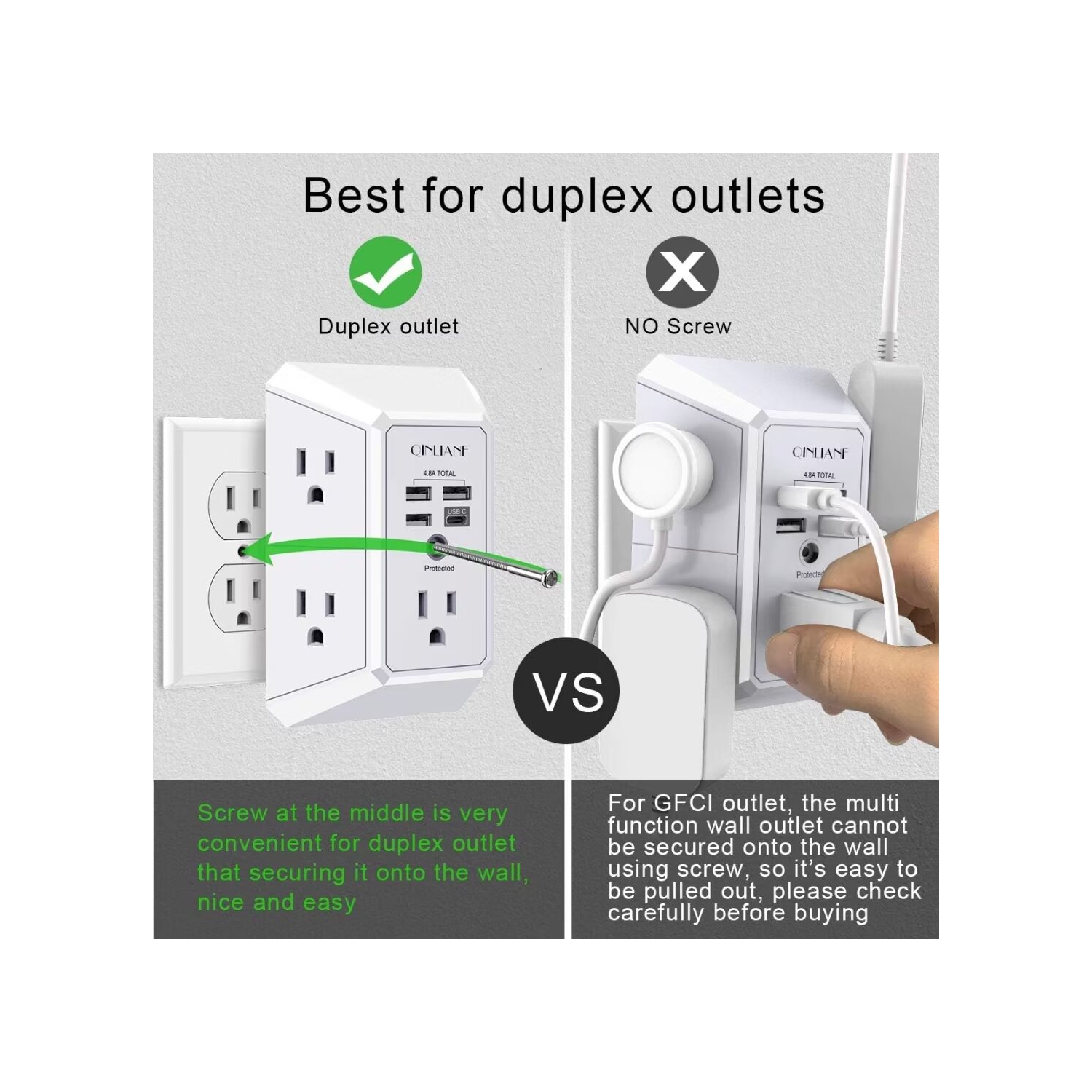 USB Wall Charger, Surge Protector, 5 Outlet Extender with 4 USB Charging Ports 3-Sided 1680J Power Strip Multi Plug Outlets Wall Adapter Spaced for