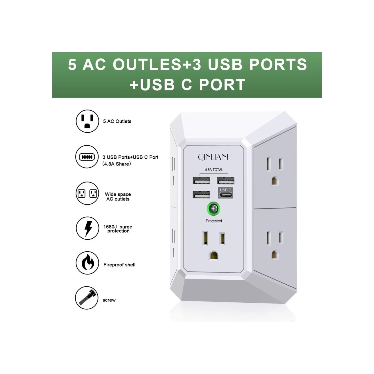 USB Wall Charger, Surge Protector, 5 Outlet Extender with 4 USB Charging Ports 3-Sided 1680J Power Strip Multi Plug Outlets Wall Adapter Spaced for