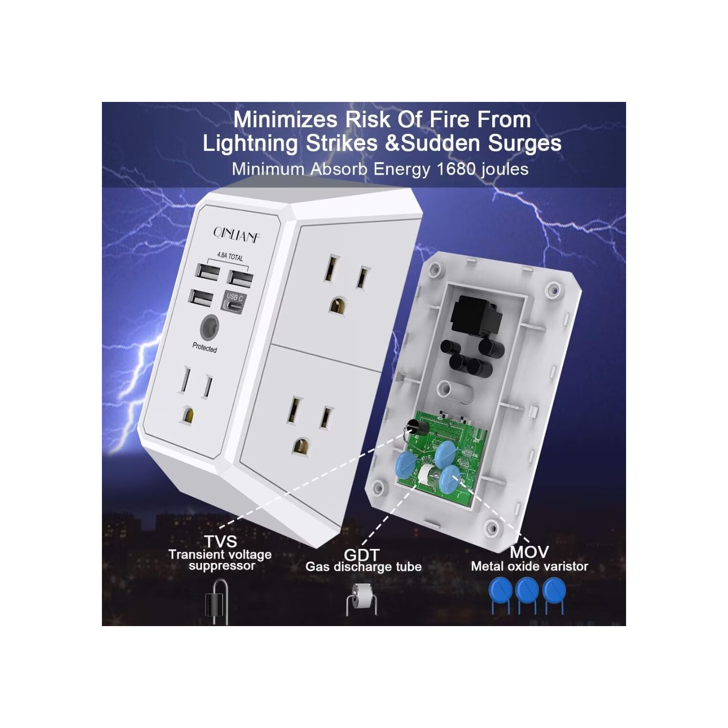 USB Wall Charger, Surge Protector, 5 Outlet Extender with 4 USB Charging Ports 3-Sided 1680J Power Strip Multi Plug Outlets Wall Adapter Spaced for