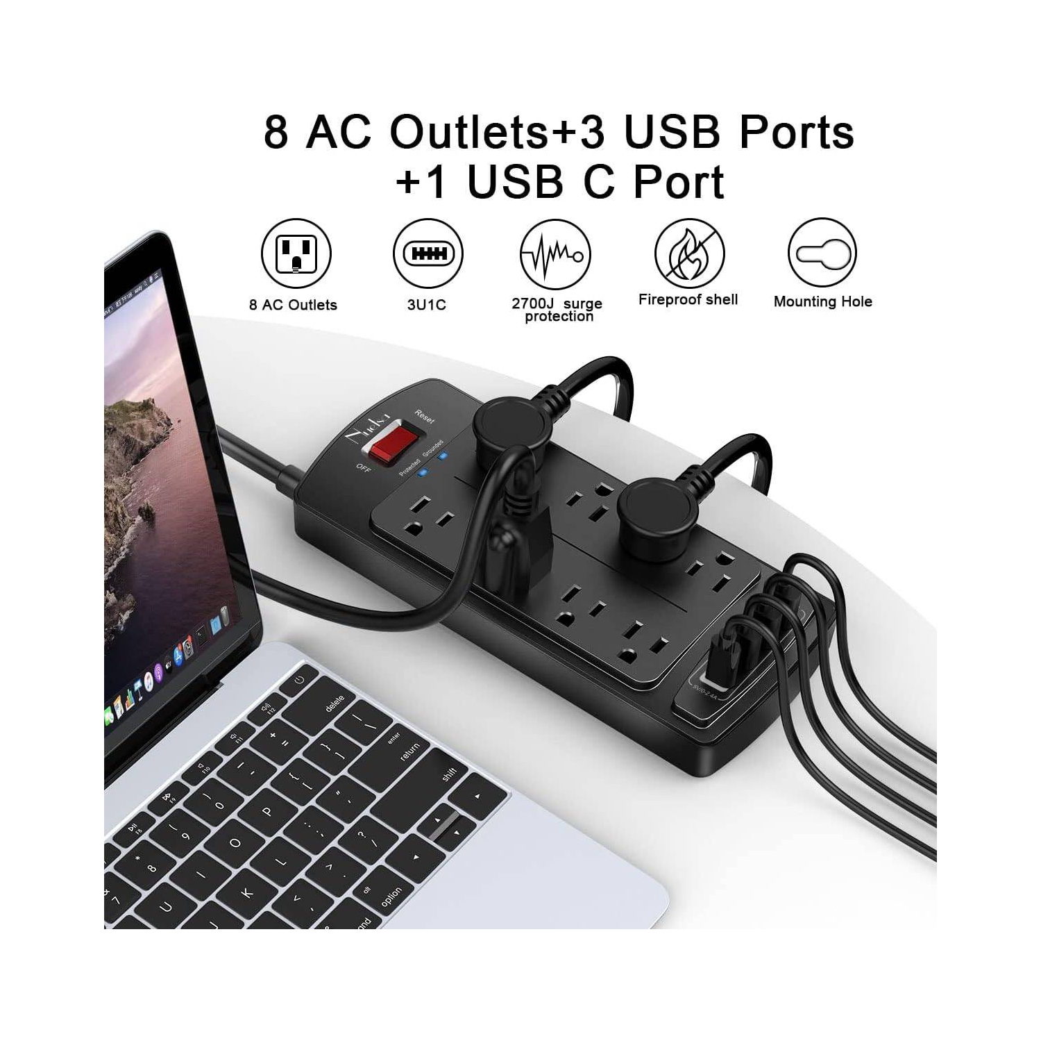 Rallonge de 6ft pi, parasurtenseur à 8 prises c.a. et 4 ports USB, barre d'alimentation de 6 pi (1625&nbsp;W/13&nbsp;A) pour la maison, 2700 joules,