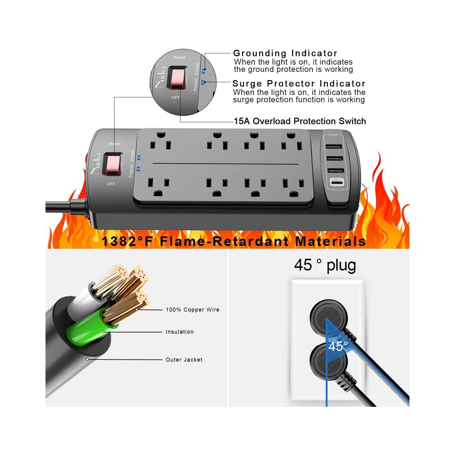 Rallonge de 6ft pi, parasurtenseur à 8 prises c.a. et 4 ports USB, barre d'alimentation de 6 pi (1625&nbsp;W/13&nbsp;A) pour la maison, 2700 joules,