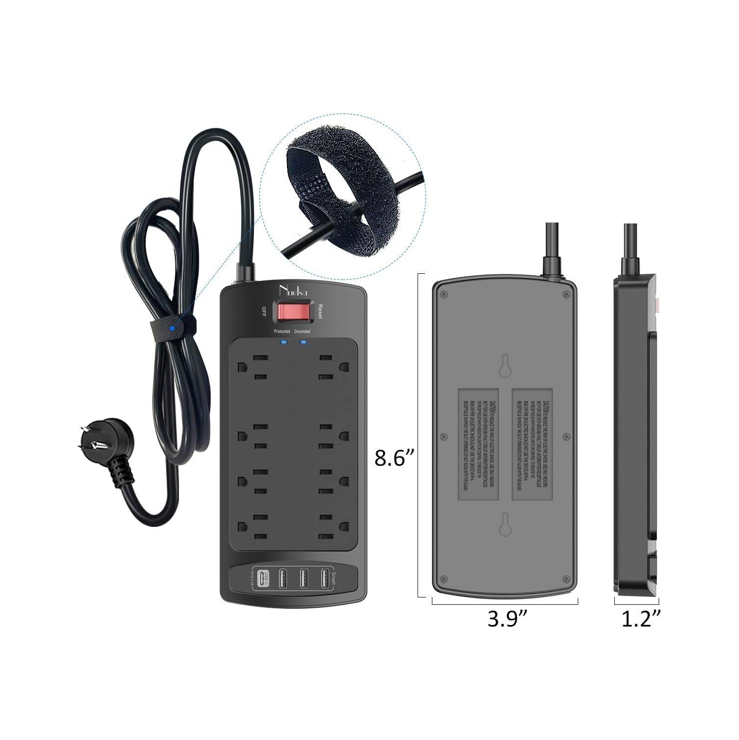 Rallonge de 6ft pi, parasurtenseur à 8 prises c.a. et 4 ports USB, barre d'alimentation de 6 pi (1625&nbsp;W/13&nbsp;A) pour la maison, 2700 joules,