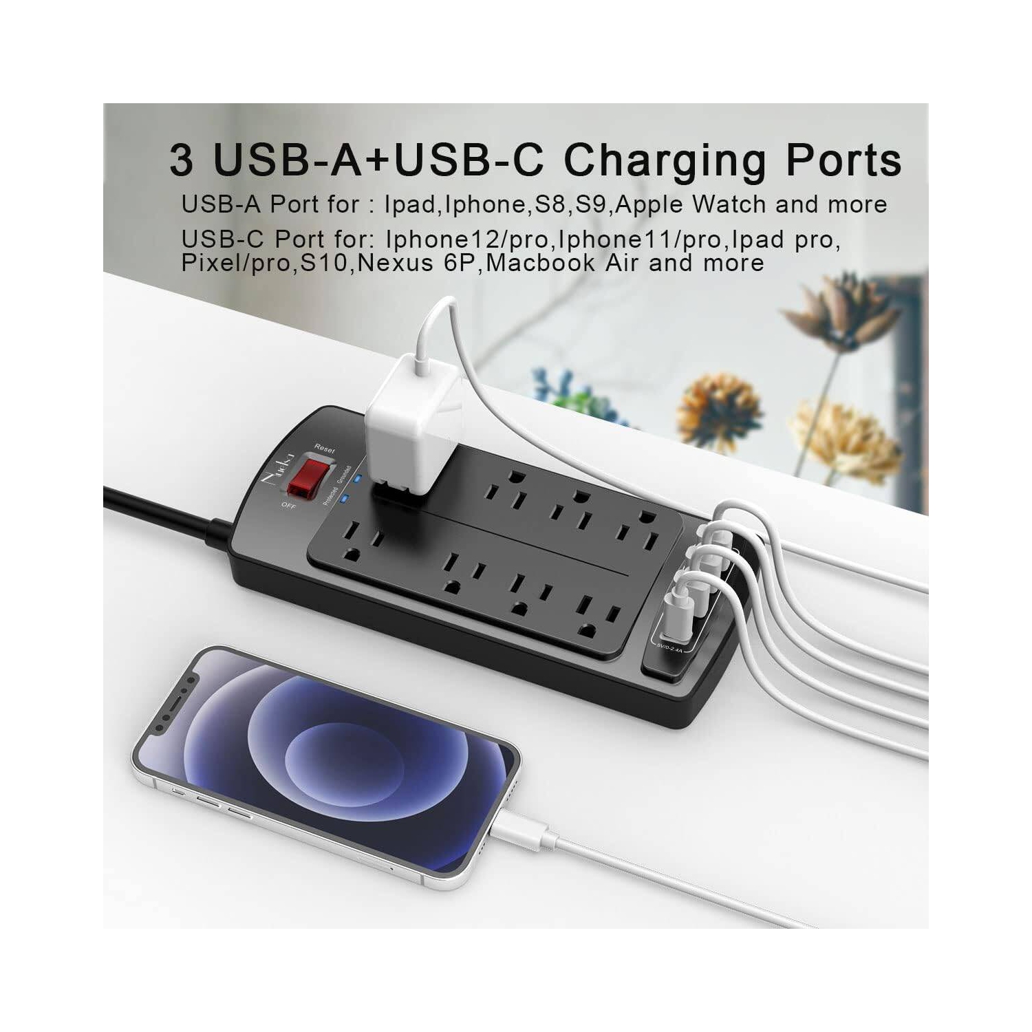 Barres d'alimentation avec parasurtenseur, barre d'alimentation à 8 prises et 4 ports USB, rallonge de 6 pi, 2700 joules, certification ETL, noir