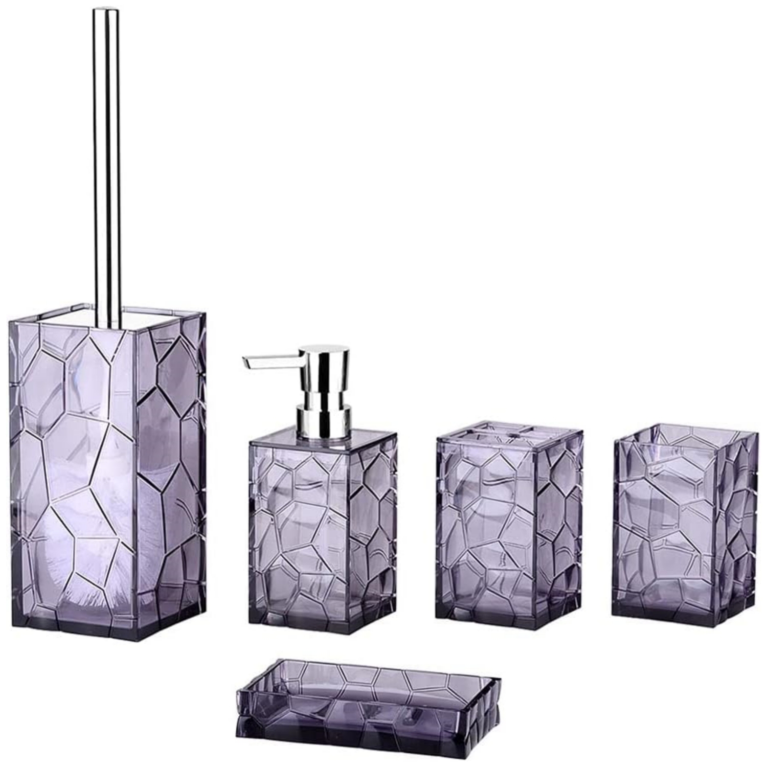 Purple 5 Pieces Acrylic Bathroom Accessory Set, with Lotion Dispenser, Soap Dish, Tumbler, Toothbrush Holder, Toilet Brush Set, Elegant Bathroom Decor