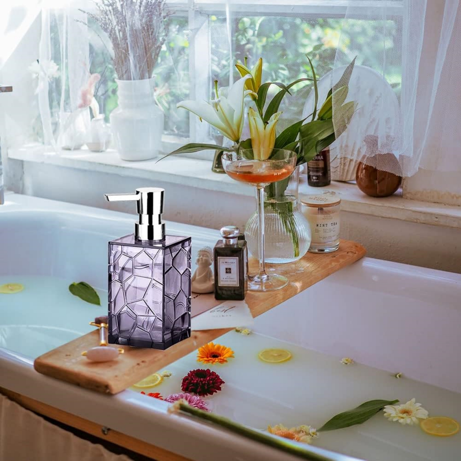 Purple 5 Pieces Acrylic Bathroom Accessory Set, with Lotion Dispenser, Soap Dish, Tumbler, Toothbrush Holder, Toilet Brush Set, Elegant Bathroom Decor