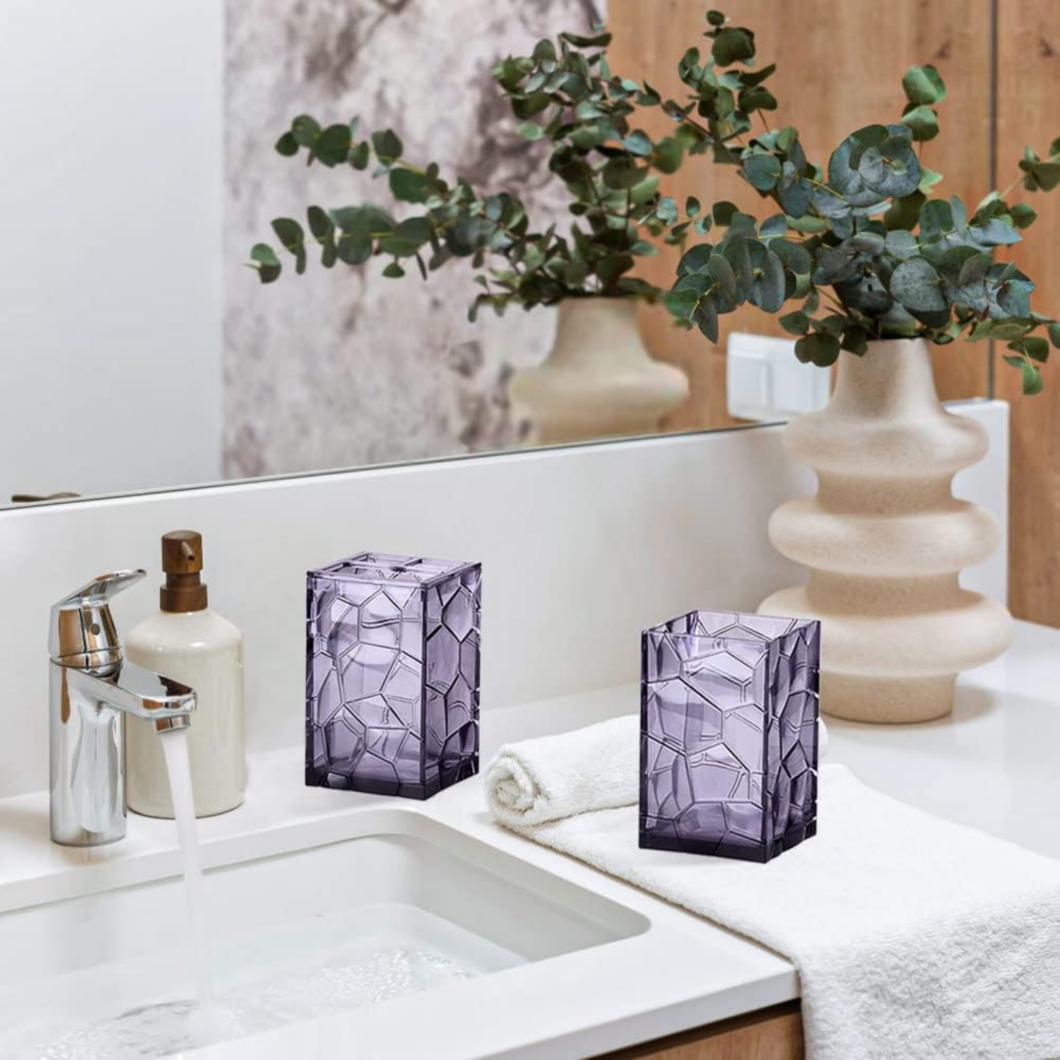 Purple 5 Pieces Acrylic Bathroom Accessory Set, with Lotion Dispenser, Soap Dish, Tumbler, Toothbrush Holder, Toilet Brush Set, Elegant Bathroom Decor