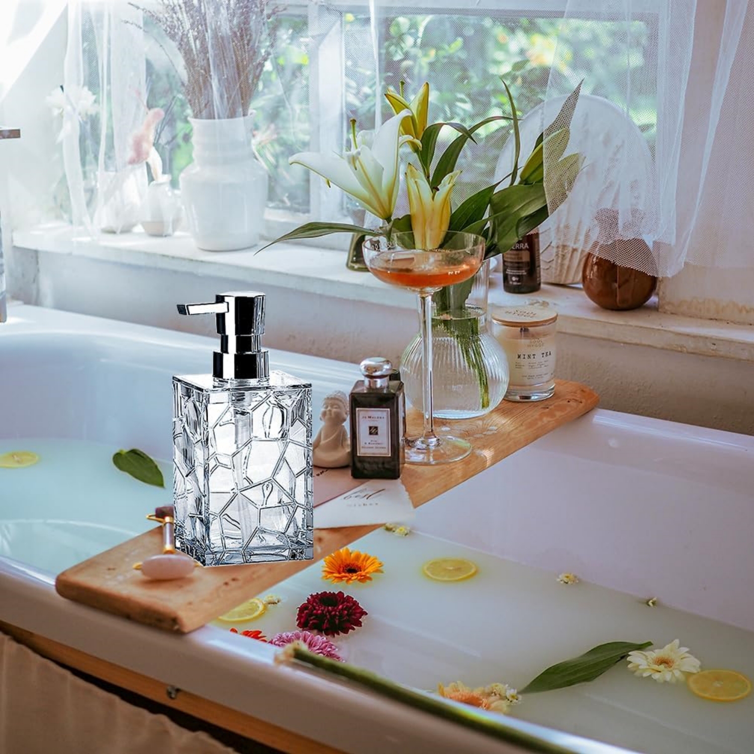 Clear 5 Pieces Acrylic Bathroom Accessory Set, with Lotion Dispenser, Soap Dish, Tumbler, Toothbrush Holder, Toilet Brush Set, Elegant Bathroom Decor