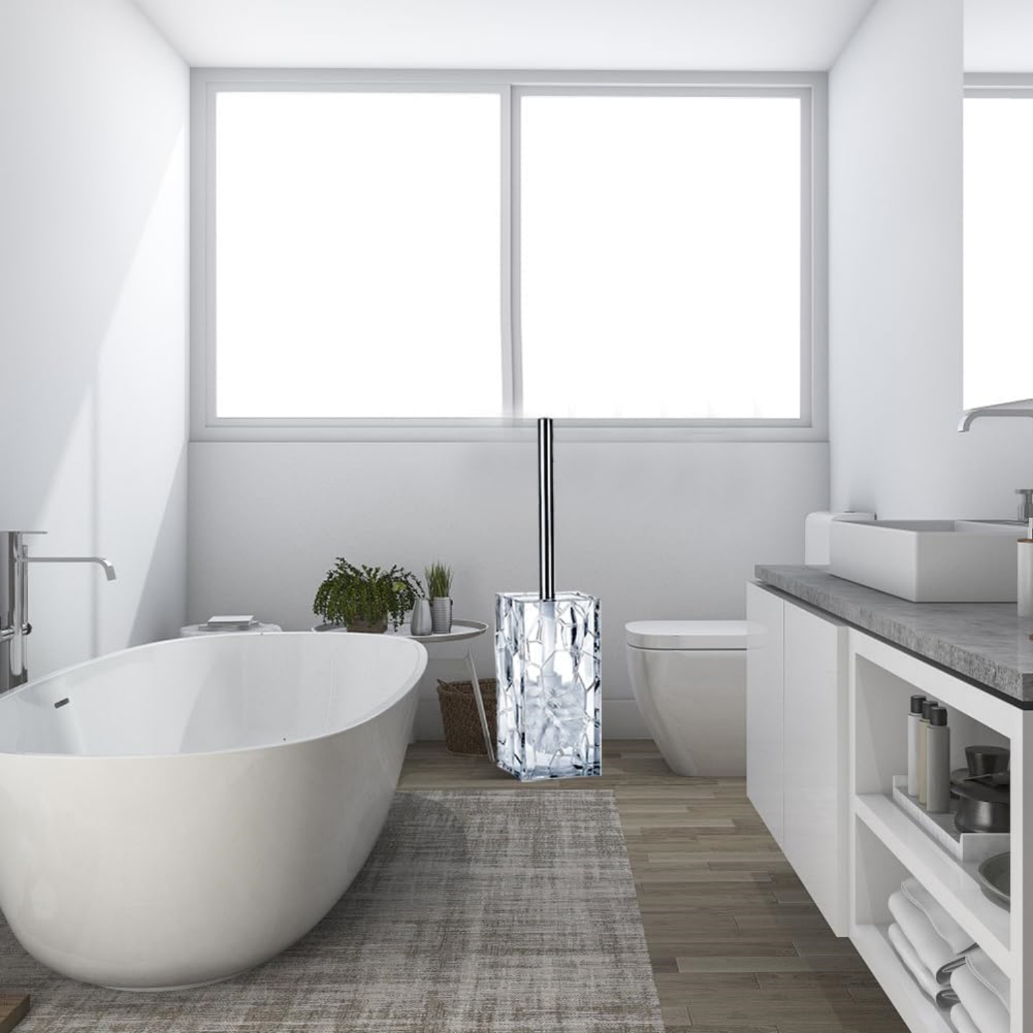 Clear 5 Pieces Acrylic Bathroom Accessory Set, with Lotion Dispenser, Soap Dish, Tumbler, Toothbrush Holder, Toilet Brush Set, Elegant Bathroom Decor