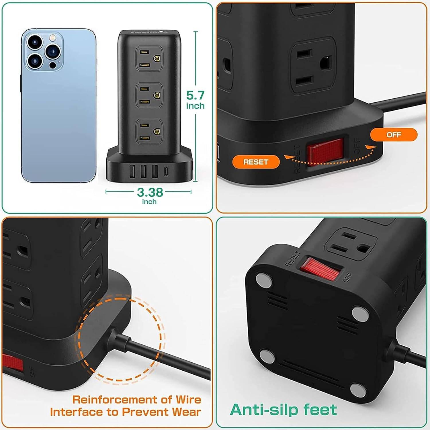 Tower Power Bars with Surge Protector, Surge Protector Power Bar with 12 Widely Outlets and 4 USB Ports, 6.5FT Extension Cord Indoor